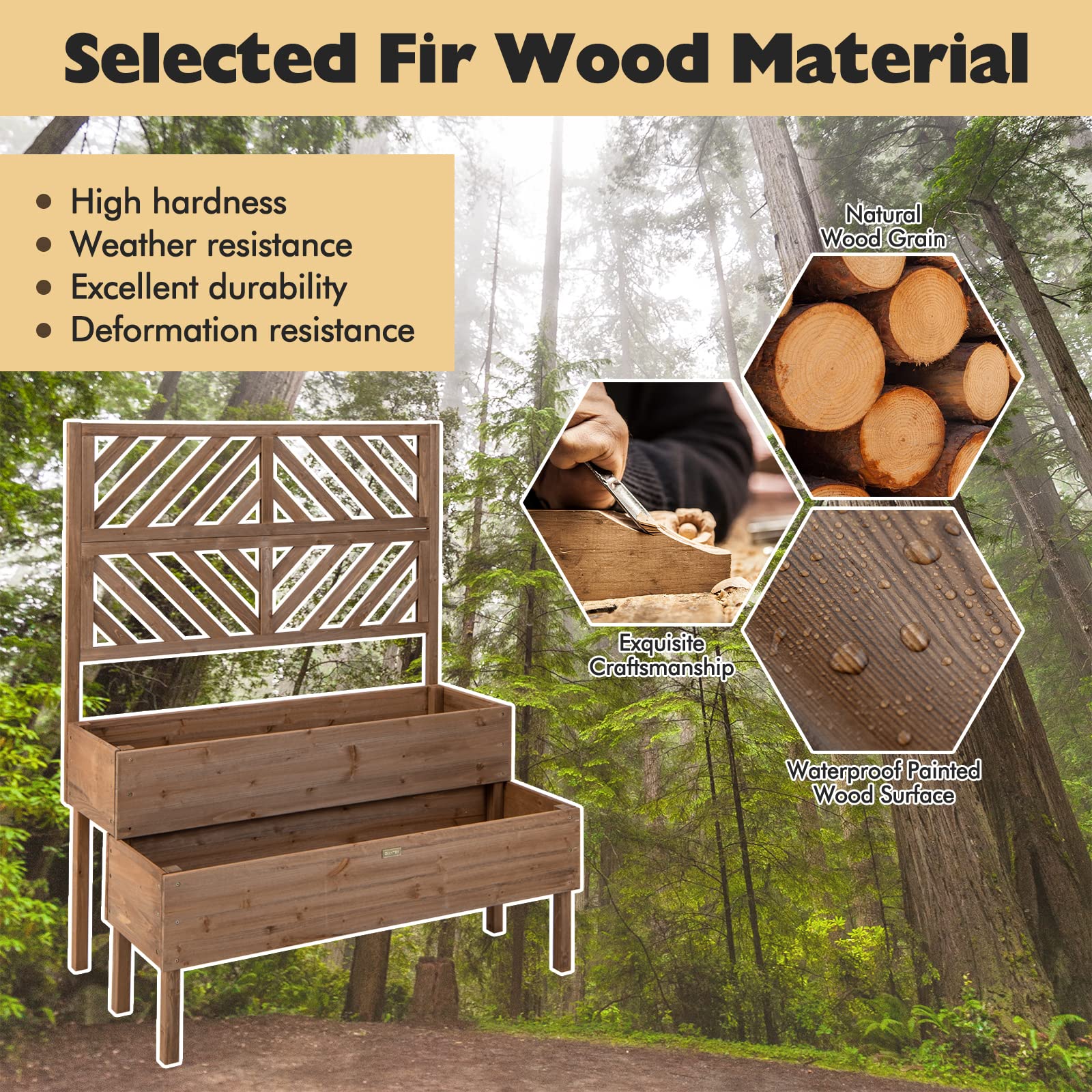 Giantex Raised Garden Bed with Trellis, 2-Tier Wooden Planter Box with Legs and Drain Holes (Brown)