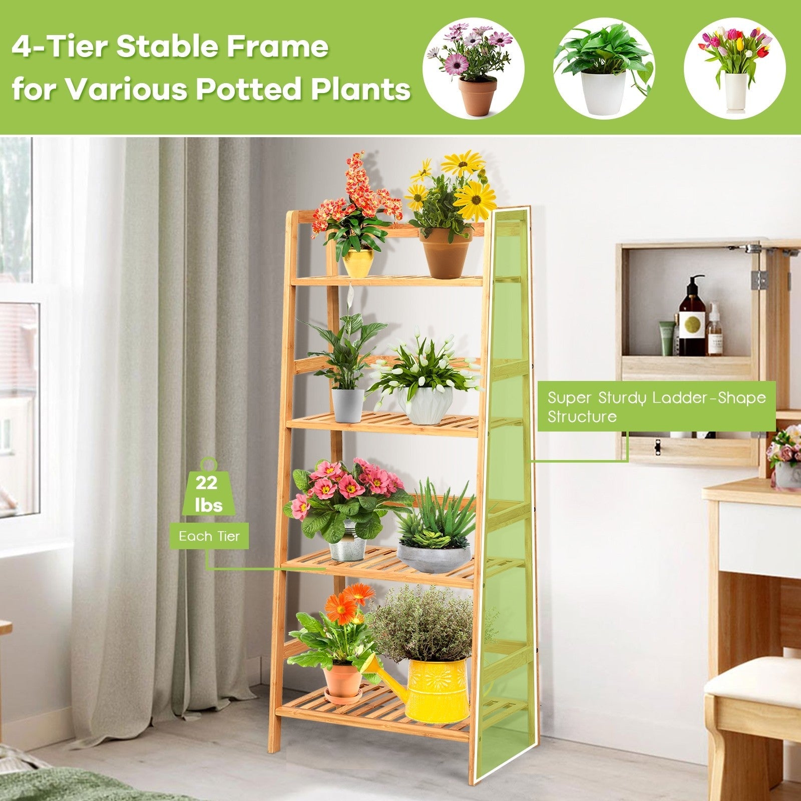 4-Tier Ladder Shelf Plant Stand | Bamboo Flower Pots Holder