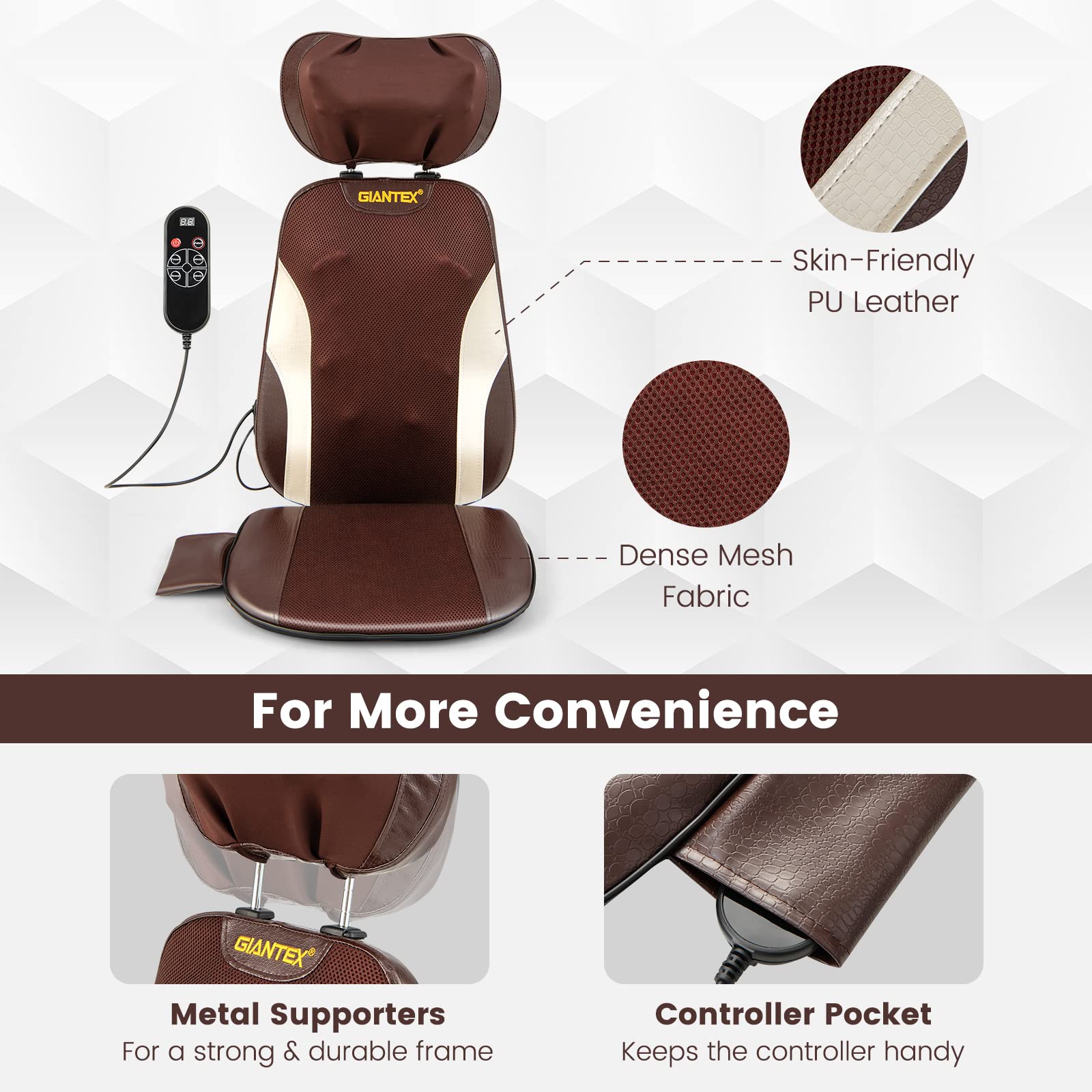 Giantex Back Massager Chair Pad - Chair Massager with Adjustable Neck Pillow, 3 Speeds & 3-Level Timer, Brown