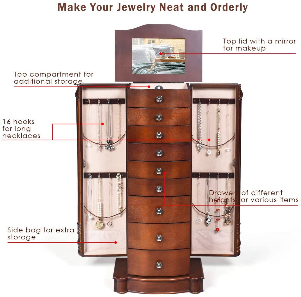 Large Jewelry Armoire Cabinet with 8 Drawers & 2 Swing Doors 16 Hooks Top Mirror Boxes
