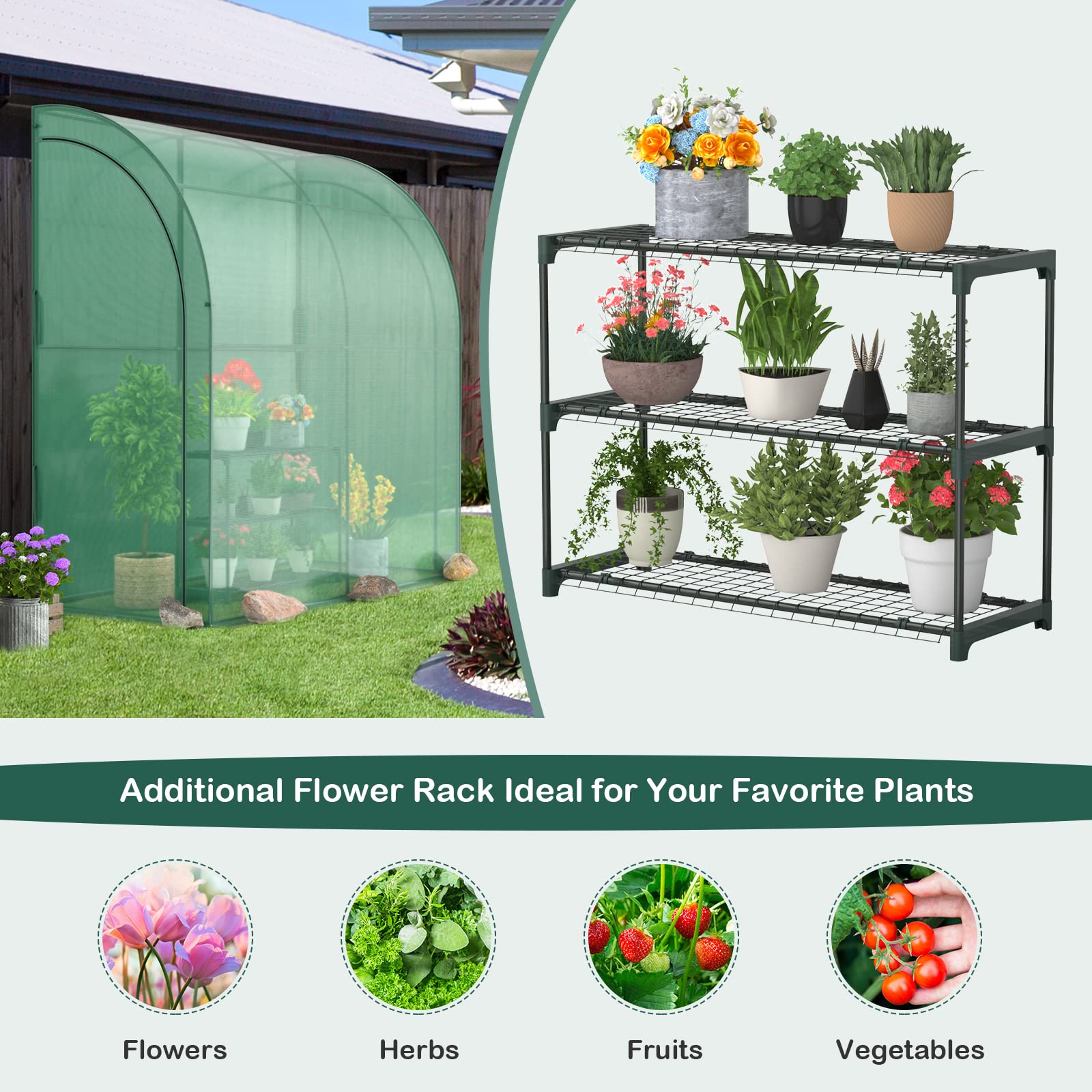 Giantex Walk-in Lean-to Greenhouse - with 3-Tier Plant Stand, 7’x 3.5’x 7’ Green House, PE Grid Cover