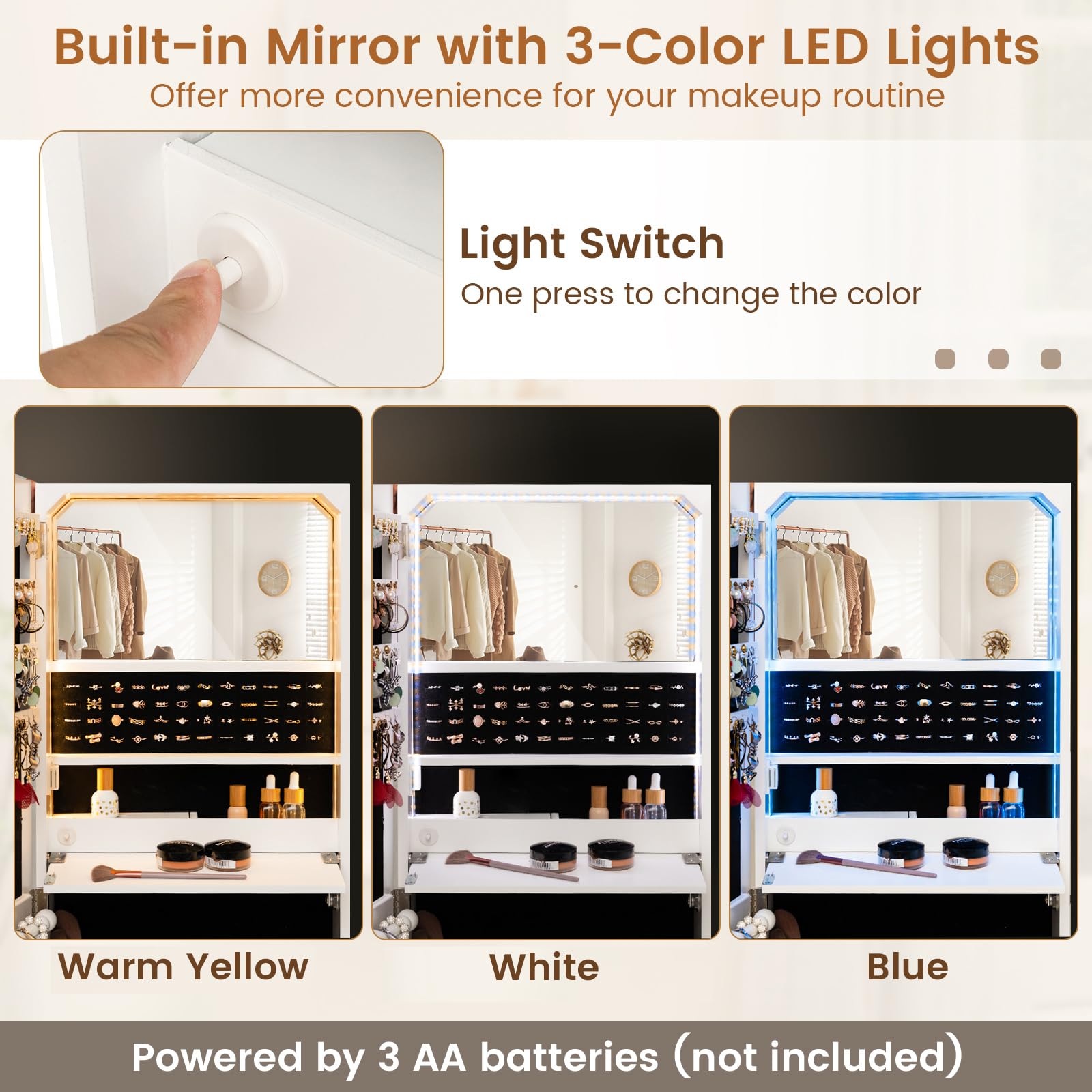 CHARMAID Jewelry Cabinet Wall Mounted, 47.2" Full Length Mirror, Lockable Jewelry Armoire with Tip out Storage Drawer