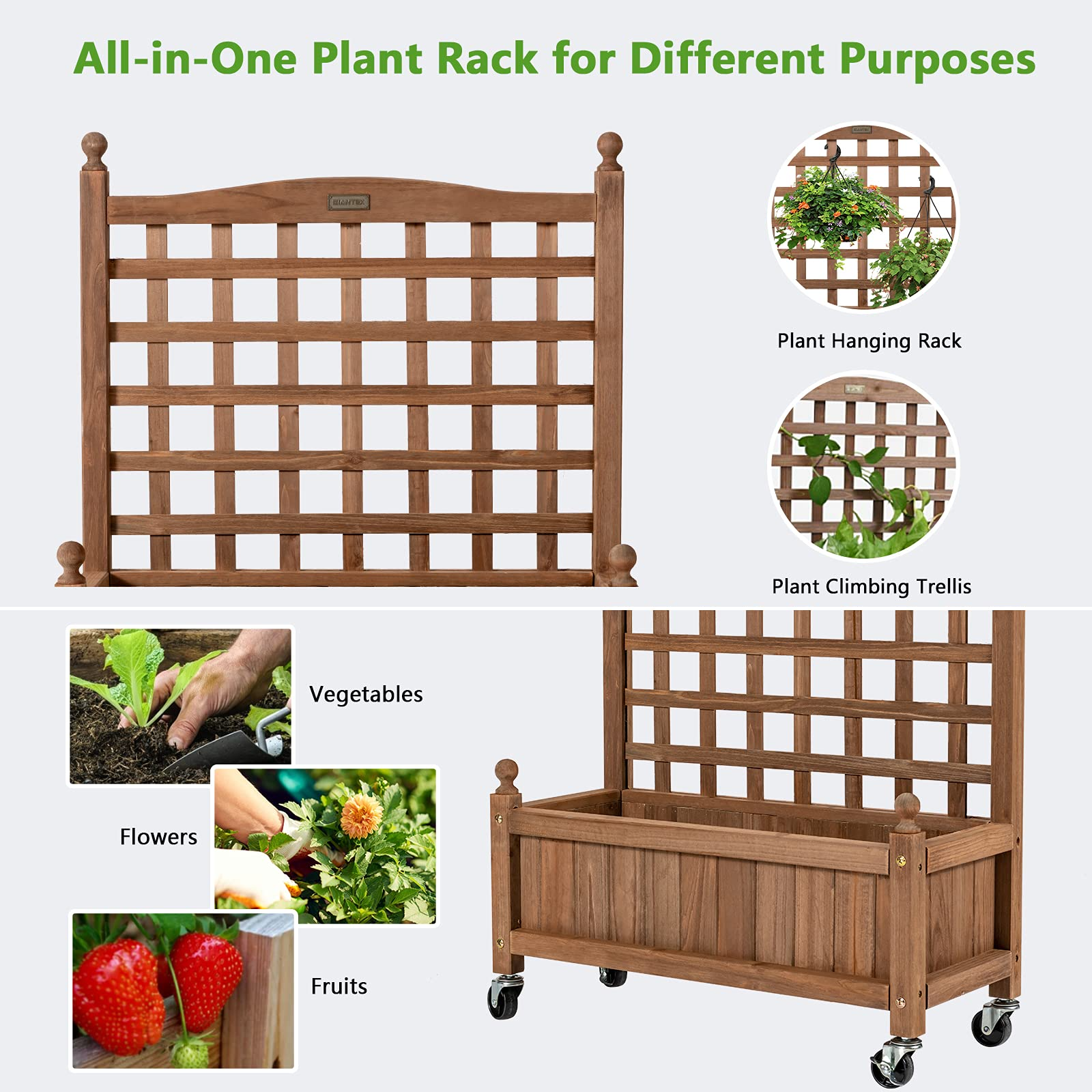 Wood Planter with Lattice Trellis and Wheels, 25'' x 11'' x 32.5'' (L x W x H)