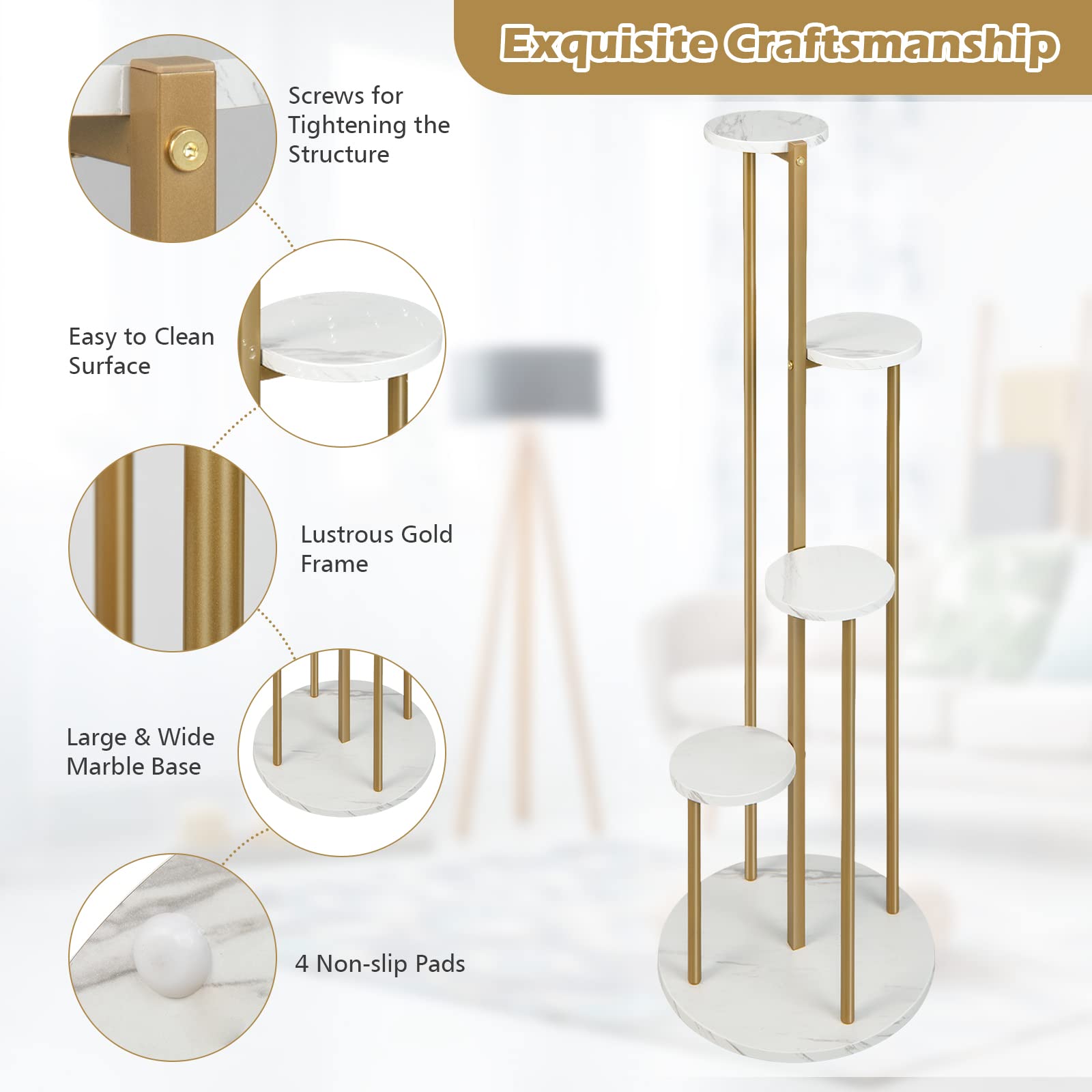 Giantex 4 Tier Plant Stand Indoor, Tall Plant Shelf with Marble Texture for Multiple Potted Plants, Tiered Metal Plant Holder Flower Display Rack for Living Room Balcony Porch