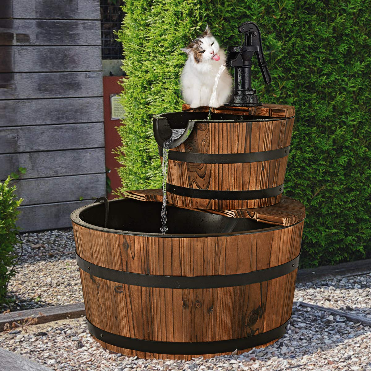 Giantex 2-Tier Barrel Waterfall Fountain with Hand Pump