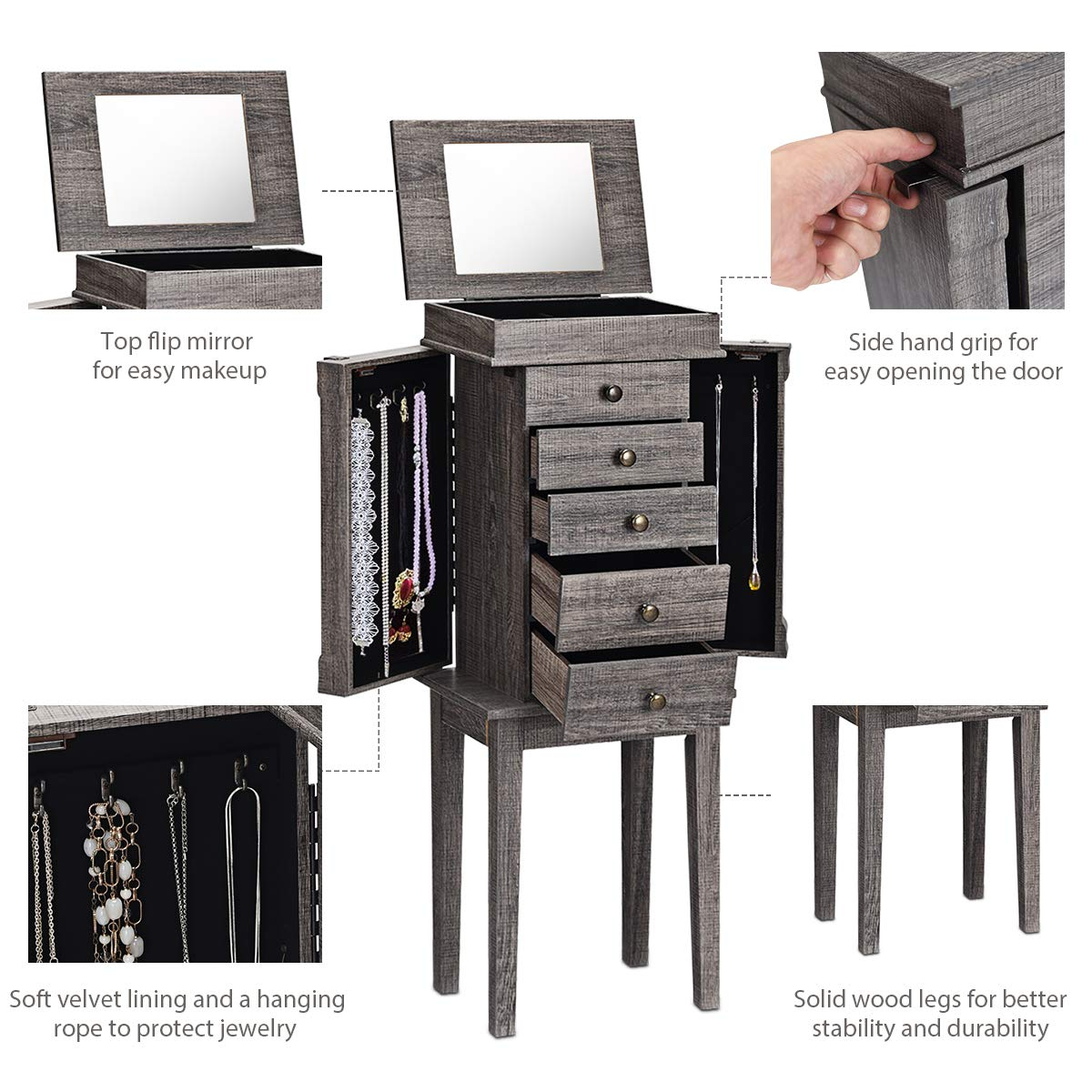 CHARMAID Jewelry Cabinet Armoire with 5 Drawers