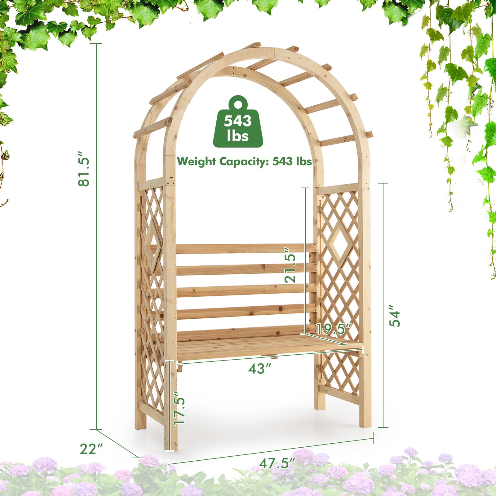 Giantex 81in Garden Arch with 2-Person Bench, Wooden Garden Arbor Archway Trellis for Climbing Plants