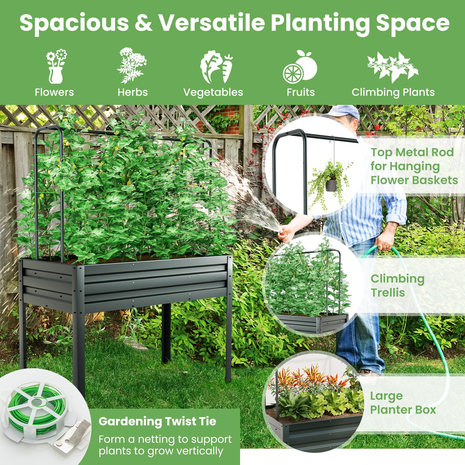 Giantex 3-in-1 Raised Garden Bed with Greenhouse Cover & Trellis Rope, 46”x23.5”x59” Raised Bed for Flower Herb Vegetable