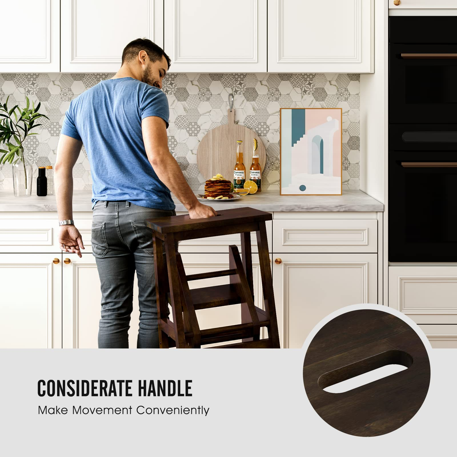 Giantex Folding 3 Tier Step Ladder, Multifunction 3-in-1 Wood Step Stool with Anti-Slip