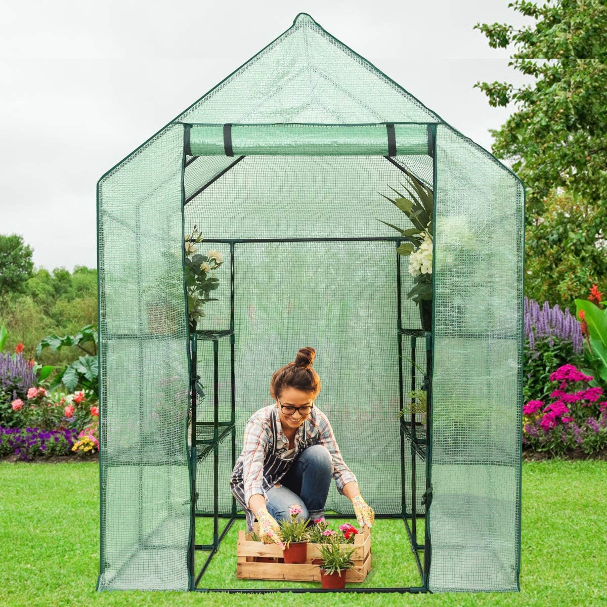 Outdoor Portable Greenhouse Mini Walk in 3 Tiers 8 Shelves Stands