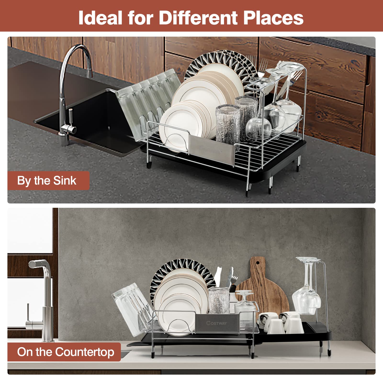 Giantex Stainless Steel Dish Rack, Expandable Dish Drainer Rack with Cutlery Cup Glass Holder