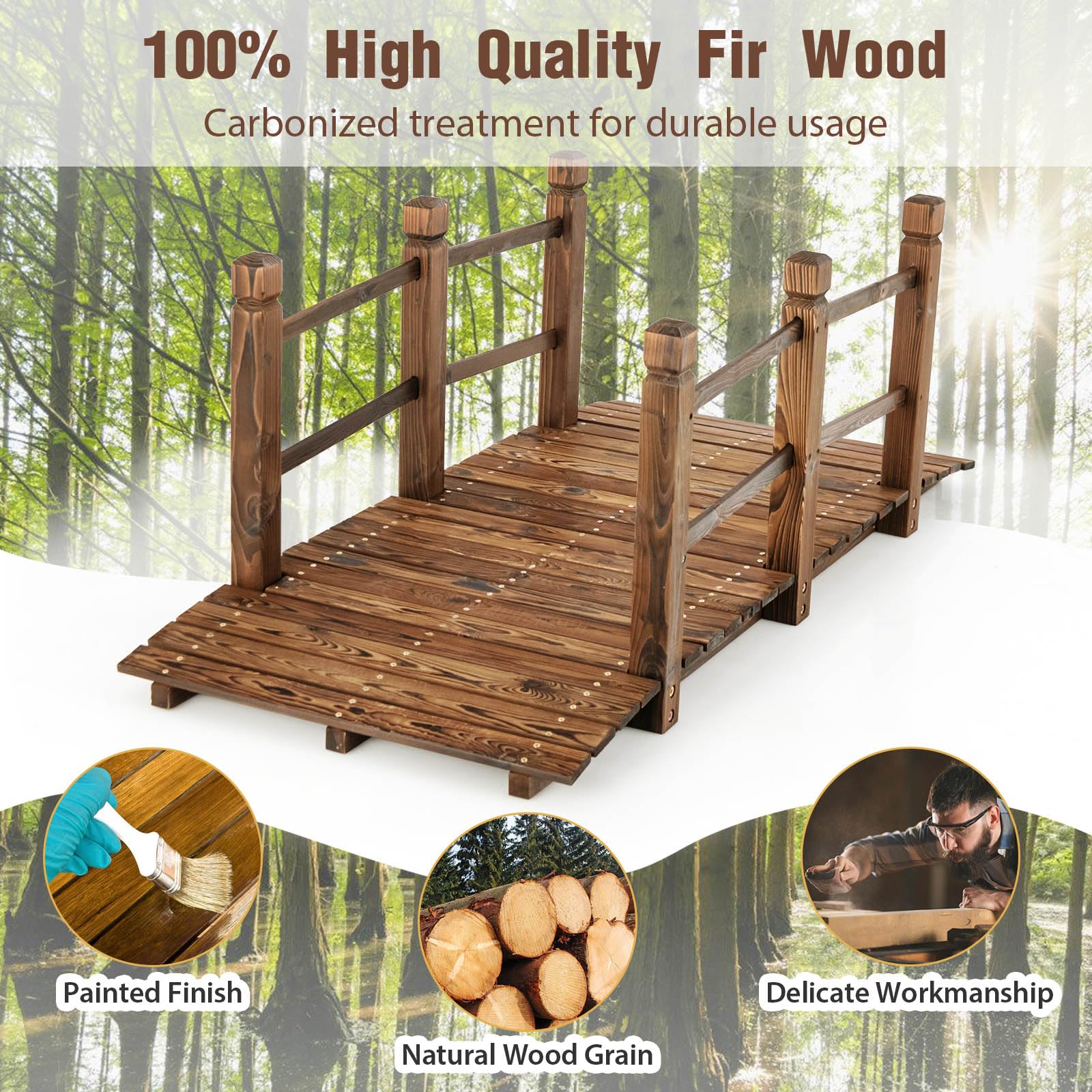 Giantex 5 ft Garden Bridge - Stained Wood Arc Footbridge Walkway