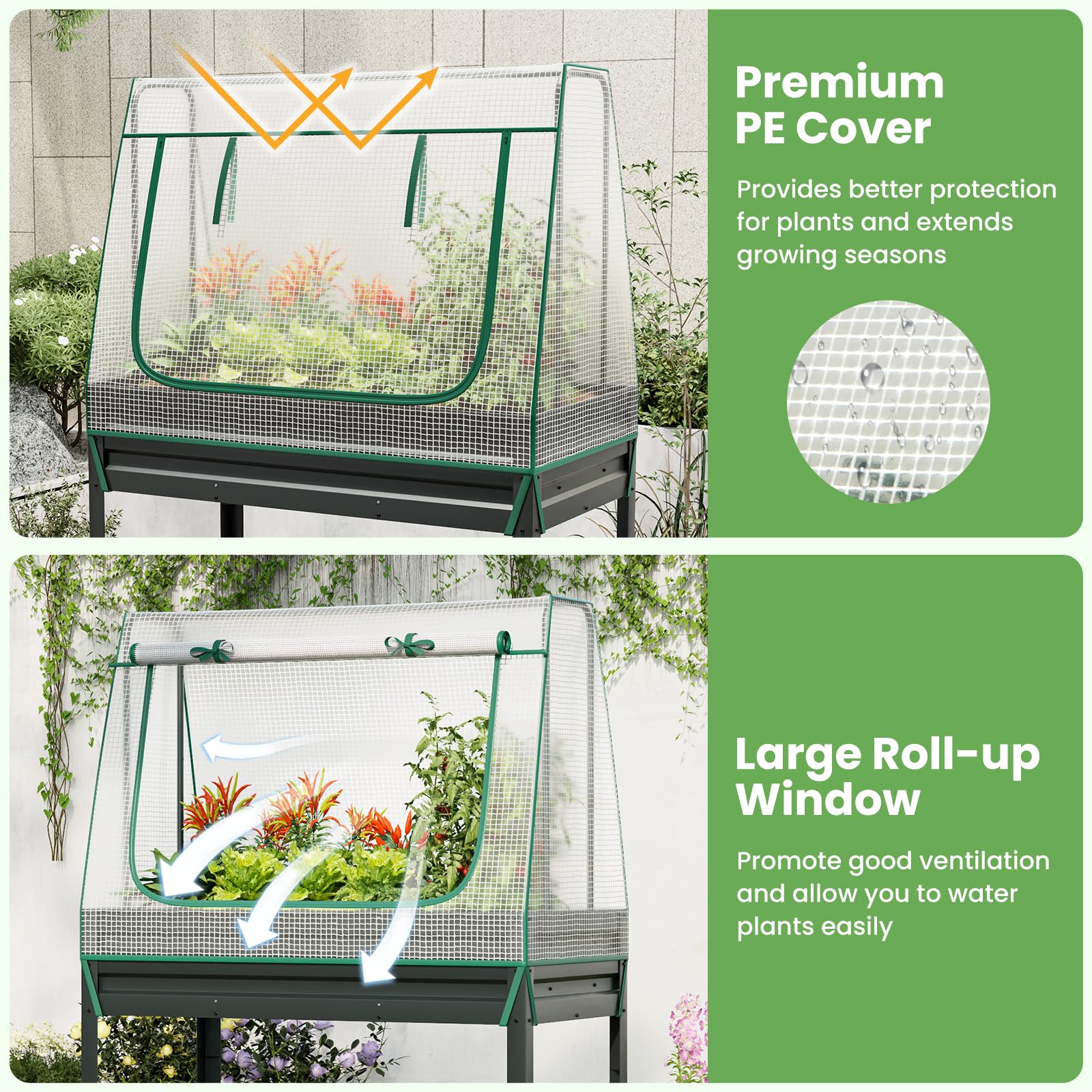 Giantex 3-in-1 Raised Garden Bed with Greenhouse Cover & Trellis Rope, 46”x23.5”x59” Raised Bed for Flower Herb Vegetable