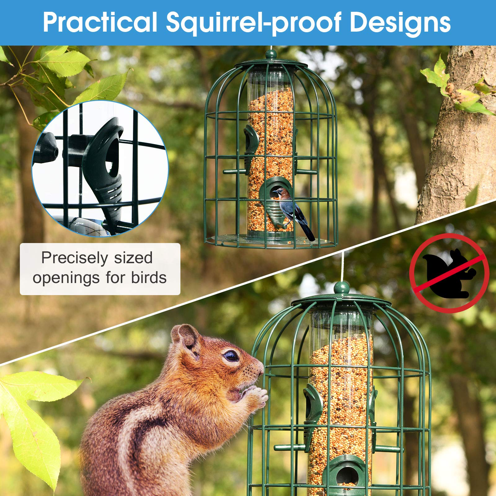 Giantex Metal Hanging Bird Feeder, Outdoor Squirrel-Proof Bird Feeder Cage with 4 Feeding Ports, Transparent PC Tube