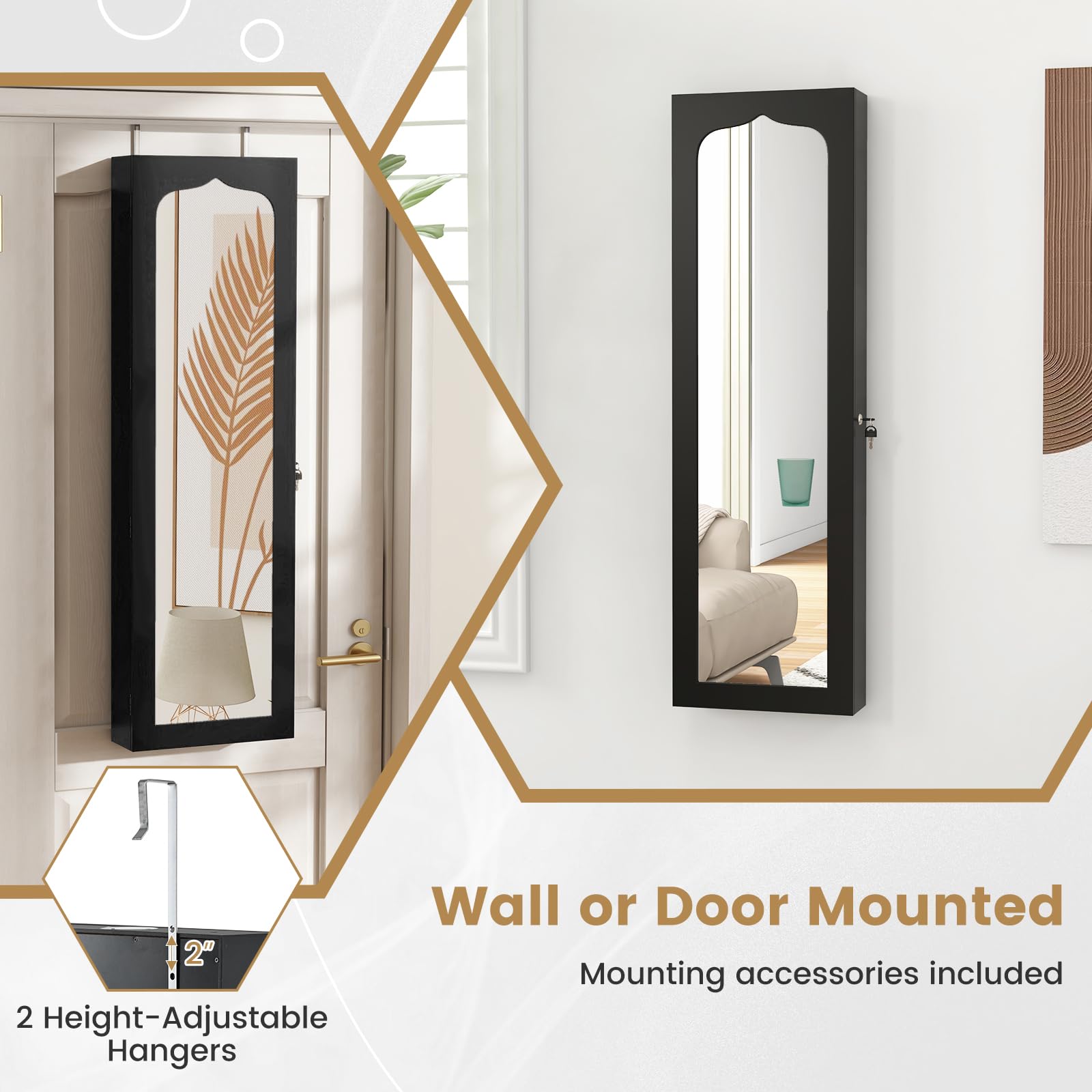 CHARMAID Jewelry Cabinet Armoire, Wall Mount Door Hanging, Lockable Jewelry Organizer with 47.5'' Full Length Mirror