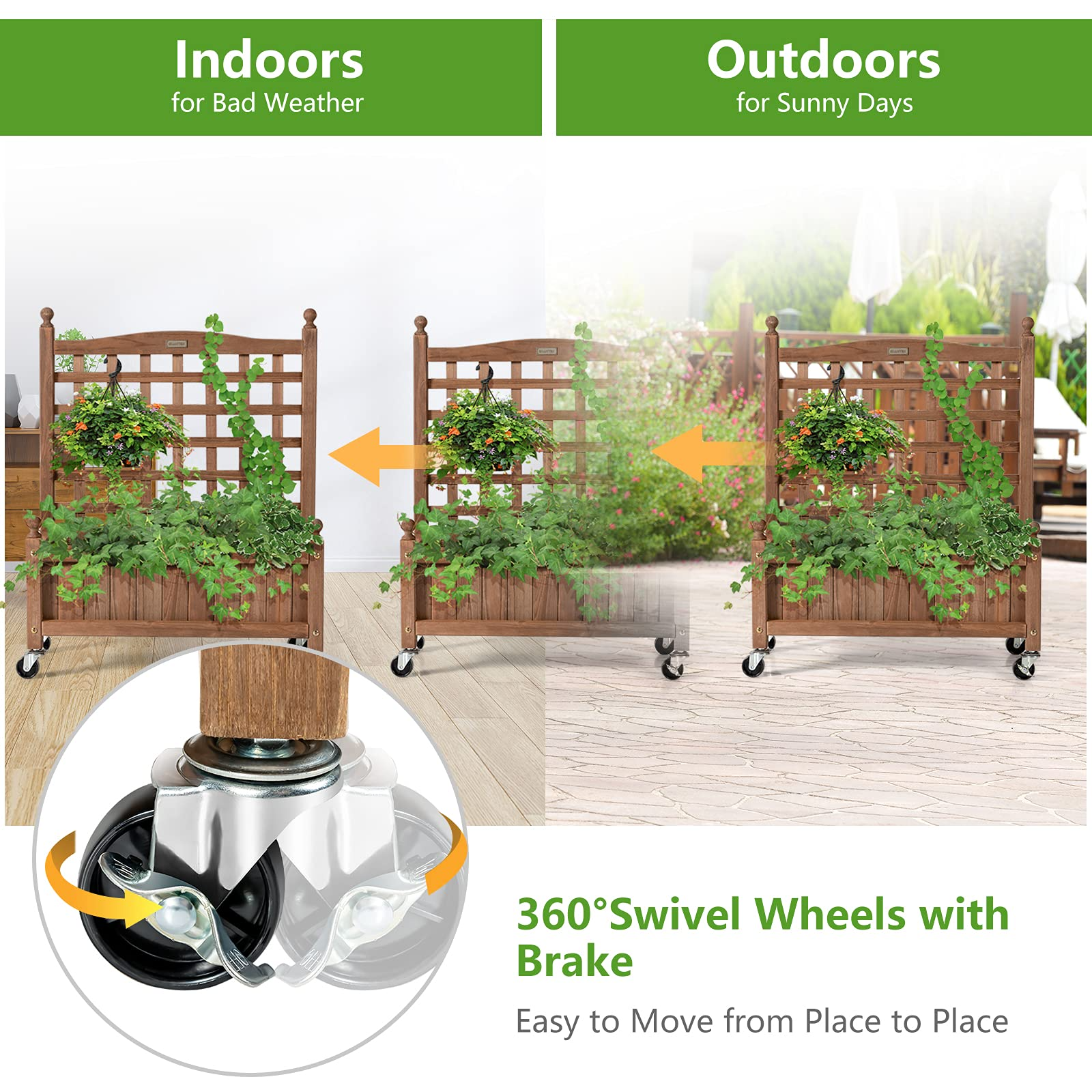 Wood Planter with Lattice Trellis and Wheels, 25'' x 11'' x 32.5'' (L x W x H)