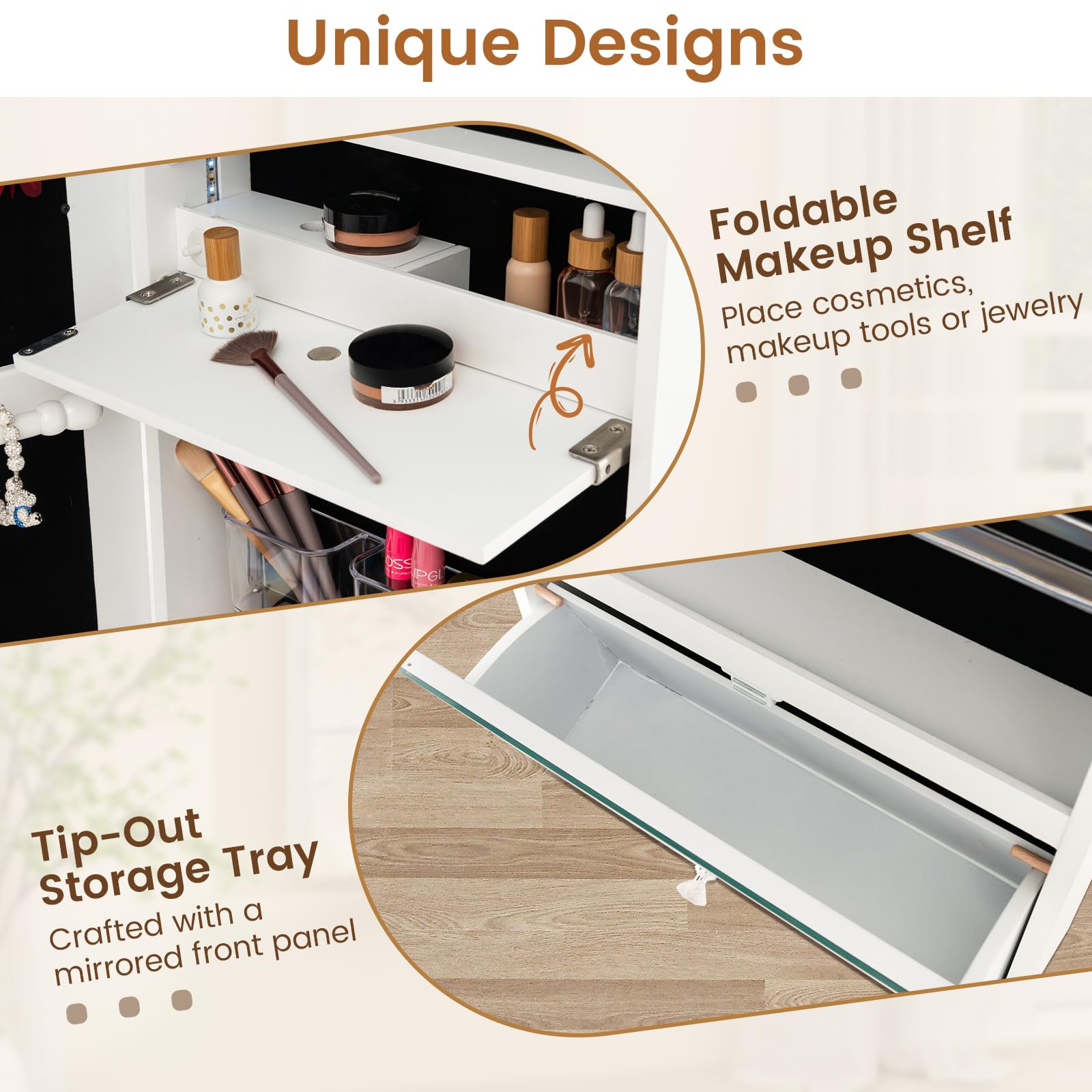 CHARMAID Jewelry Cabinet Wall Mounted, 47.2" Full Length Mirror, Lockable Jewelry Armoire with Tip out Storage Drawer