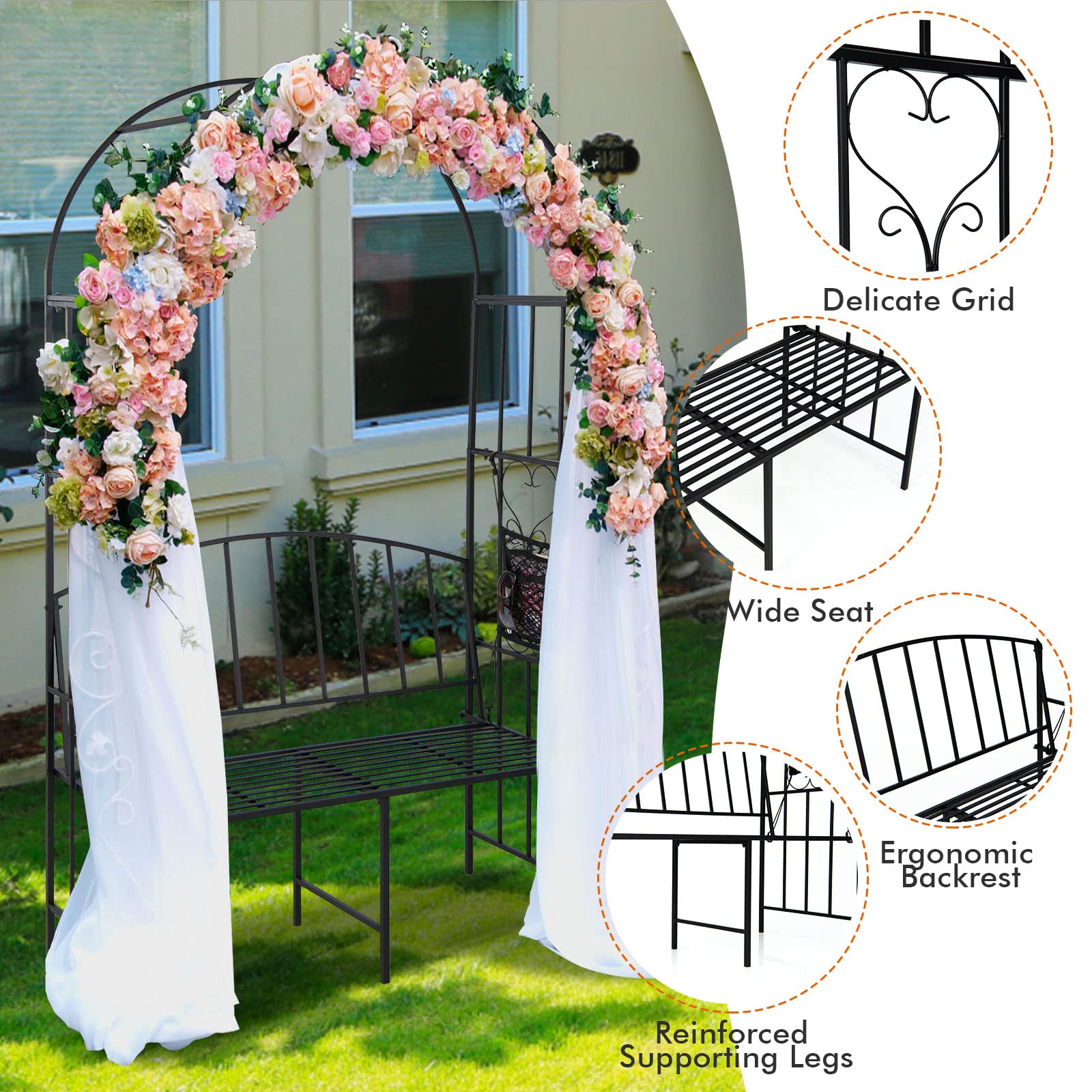 Giantex 81in Metal Garden Arch with Bench, Outdoor Garden Arbor Archway Trellis for Climbing Plants Vines