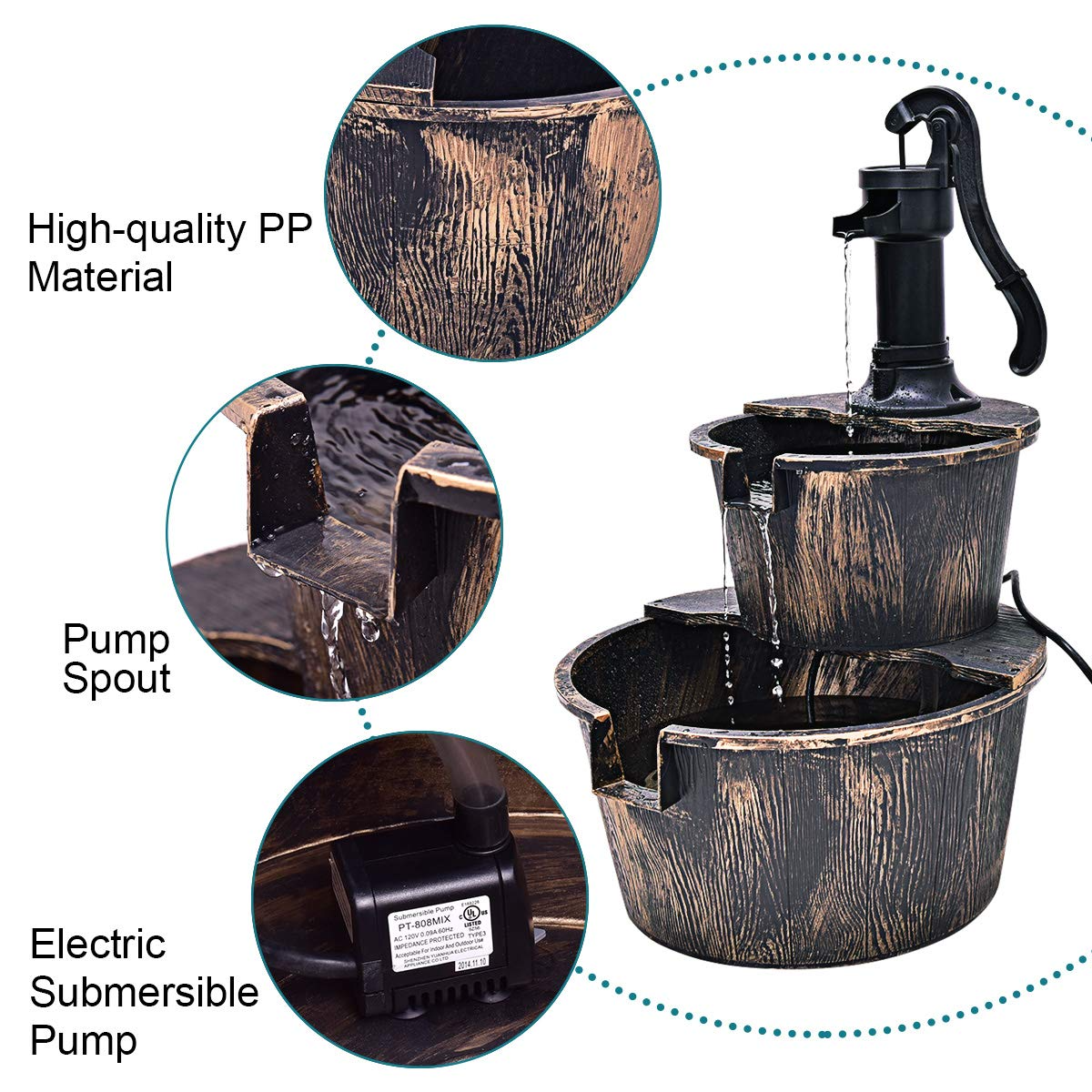 Giantex 2-Tier Rustic Barrel Waterfall Fountain with Pump