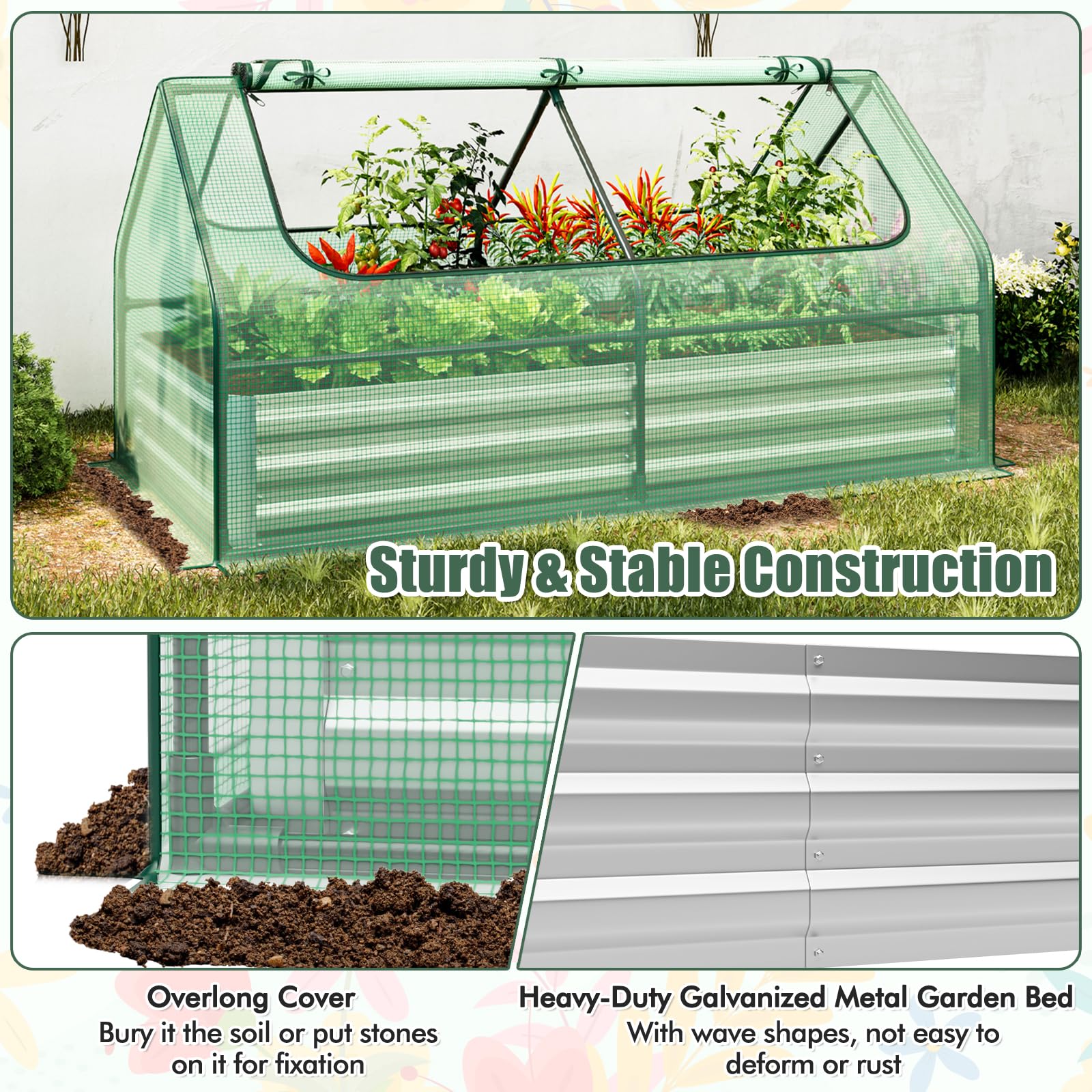 Giantex Galvanized Steel Raised Garden Bed with Mini Greenhouse, Outdoor Metal Planter Box Kit with Large Roll-up Cover