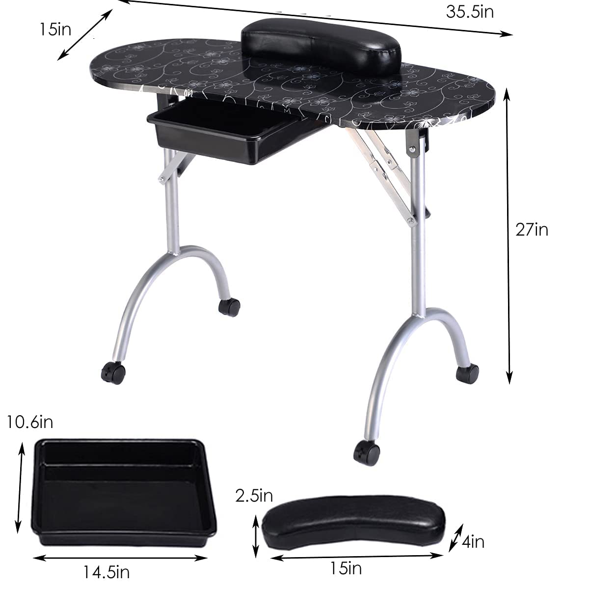 Foldable Nail Table Workstation with Lockable Wheels