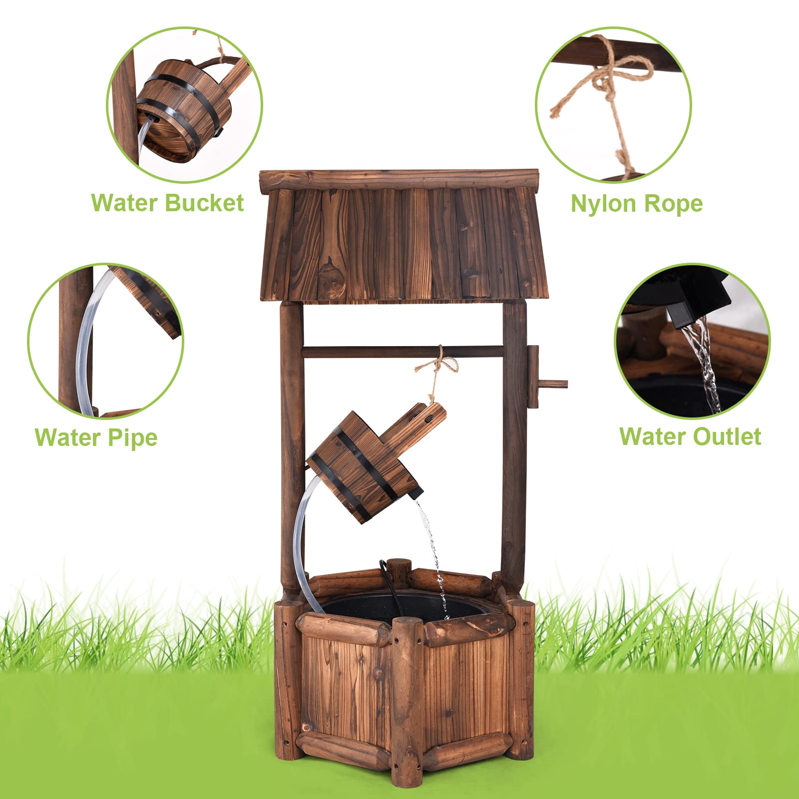 Giantex Wishing Well Water Fountain Rustic Wooden Outdoor Garden Decorative Fountain Backyard w/ Electric Pump