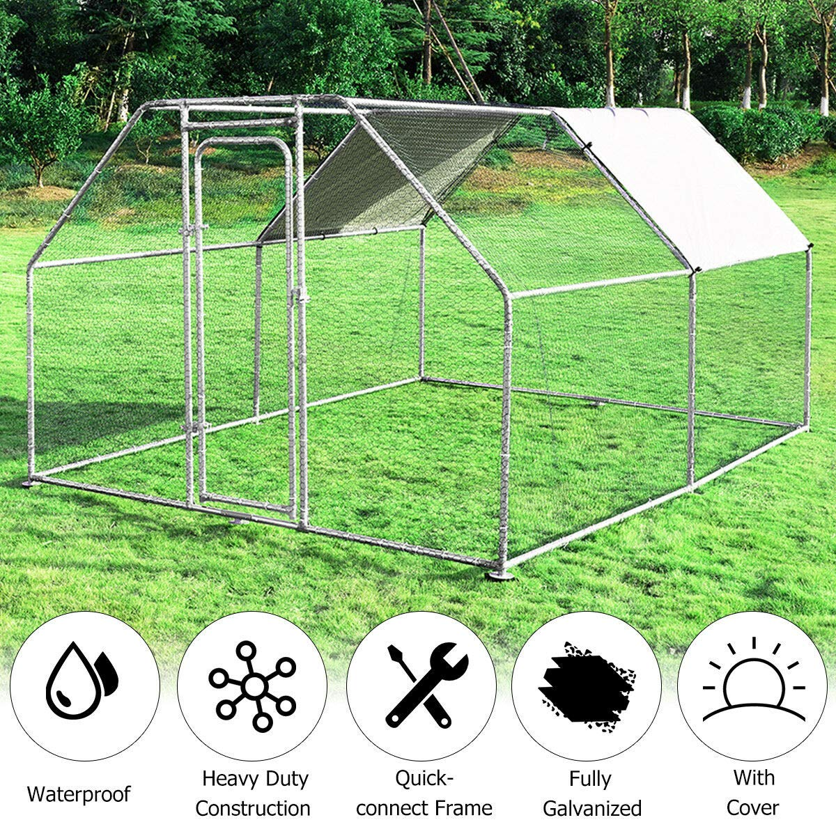 Large Metal Chicken Coop Walk-in Chicken Coops Hen Run House Shade Cage with Waterproof and Anti-Ultraviolet Cover for Outdoor Backyard