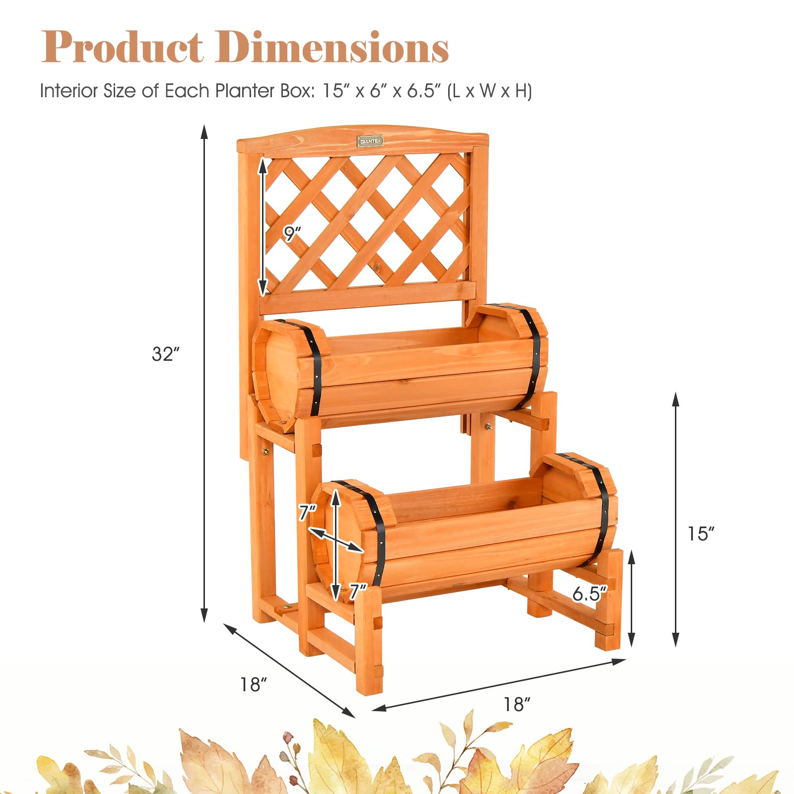 Giantex Raised Garden Bed with 2 Barrel Planters & Trellis, 2-Tier Freestanding Wooden Raised Bed for Vegetable Flower Fruit