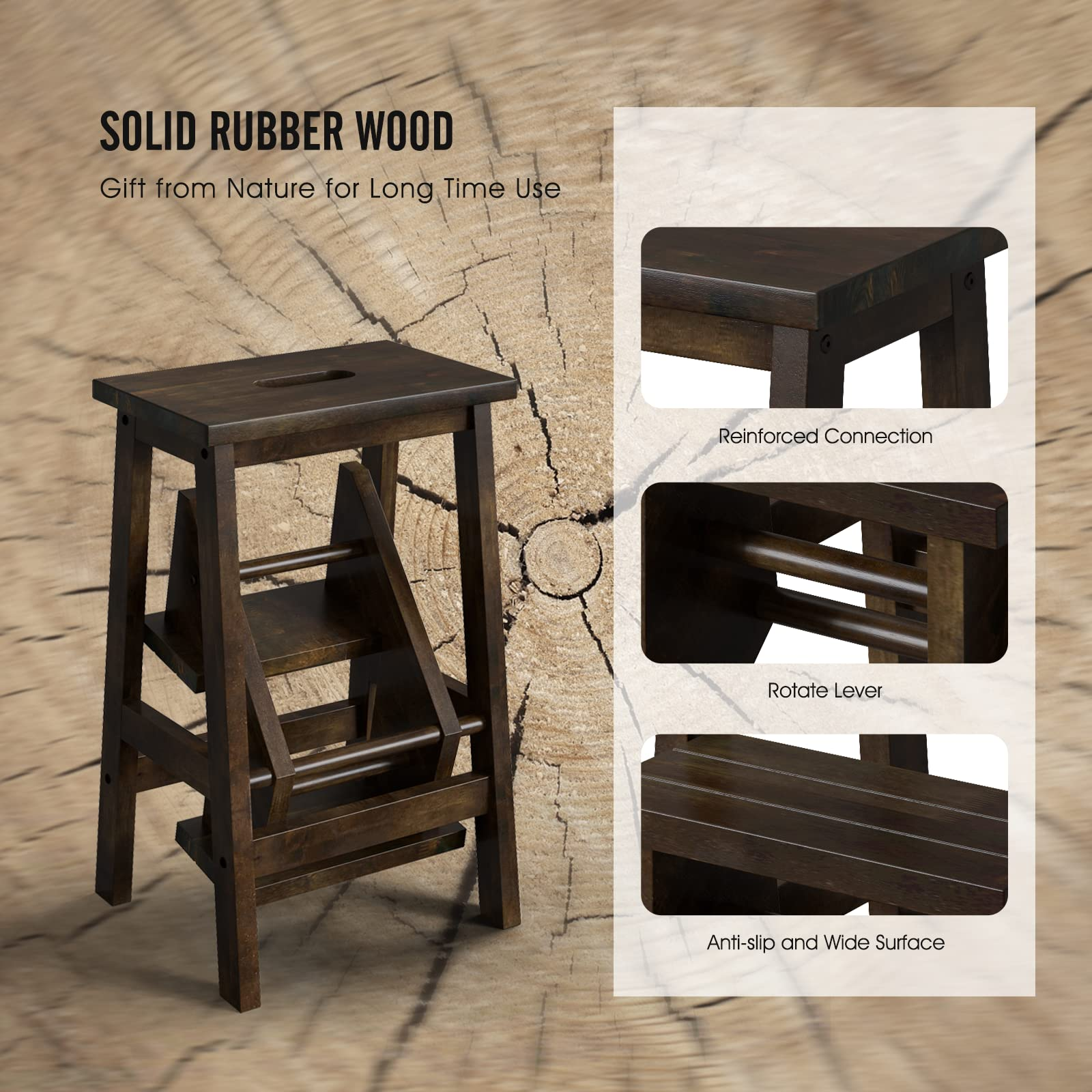 Giantex Folding 3 Tier Step Ladder, Multifunction 3-in-1 Wood Step Stool with Anti-Slip