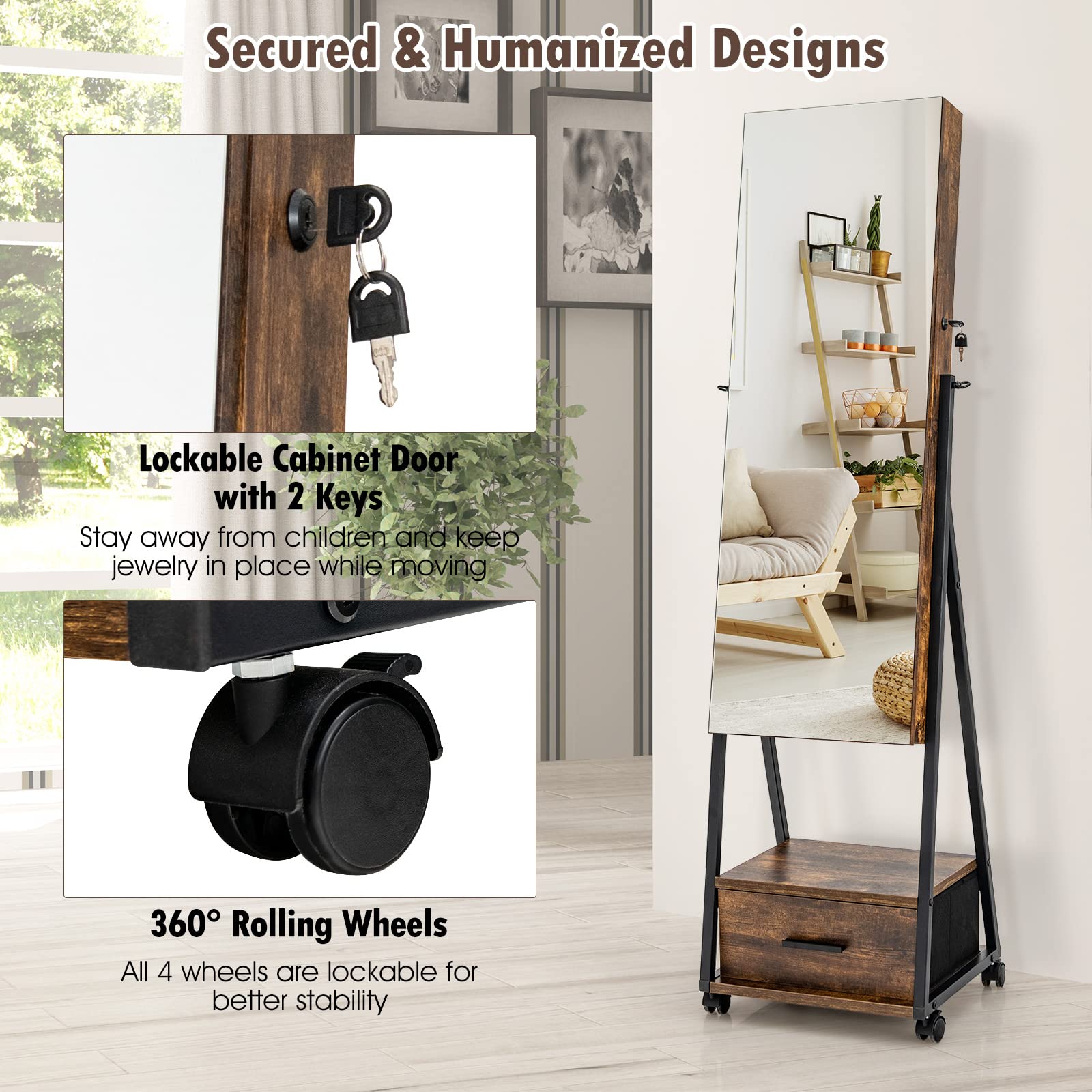 CHARMAID Rolling Jewelry Cabinet with Full Length Mirror, Lockable Standing Jewelry Armoire with Wheels