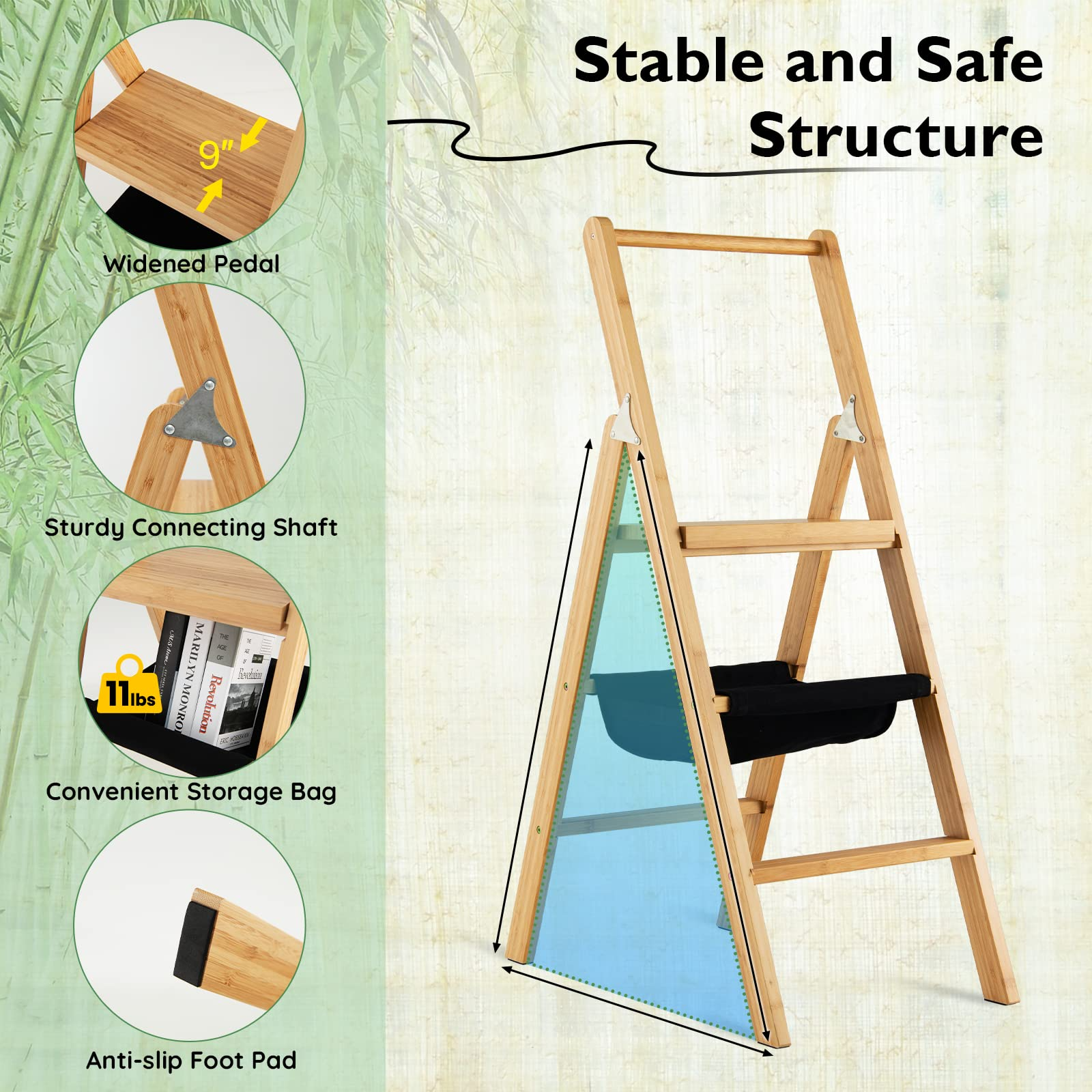 100% Bamboo Folding Step Stool with Handrail | 3 Step Ladder