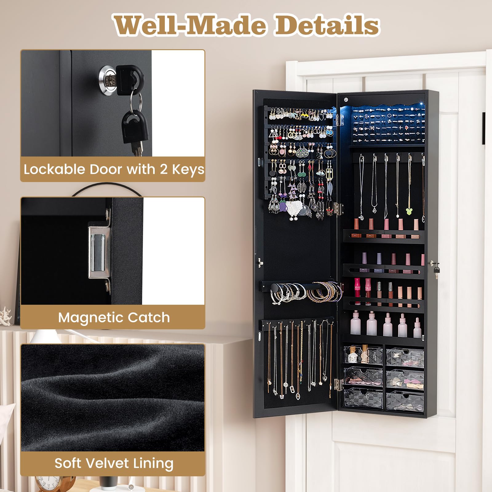 CHARMAID Jewelry Cabinet Armoire, Wall Mount Door Hanging, Lockable Jewelry Organizer with 47.5'' Full Length Mirror