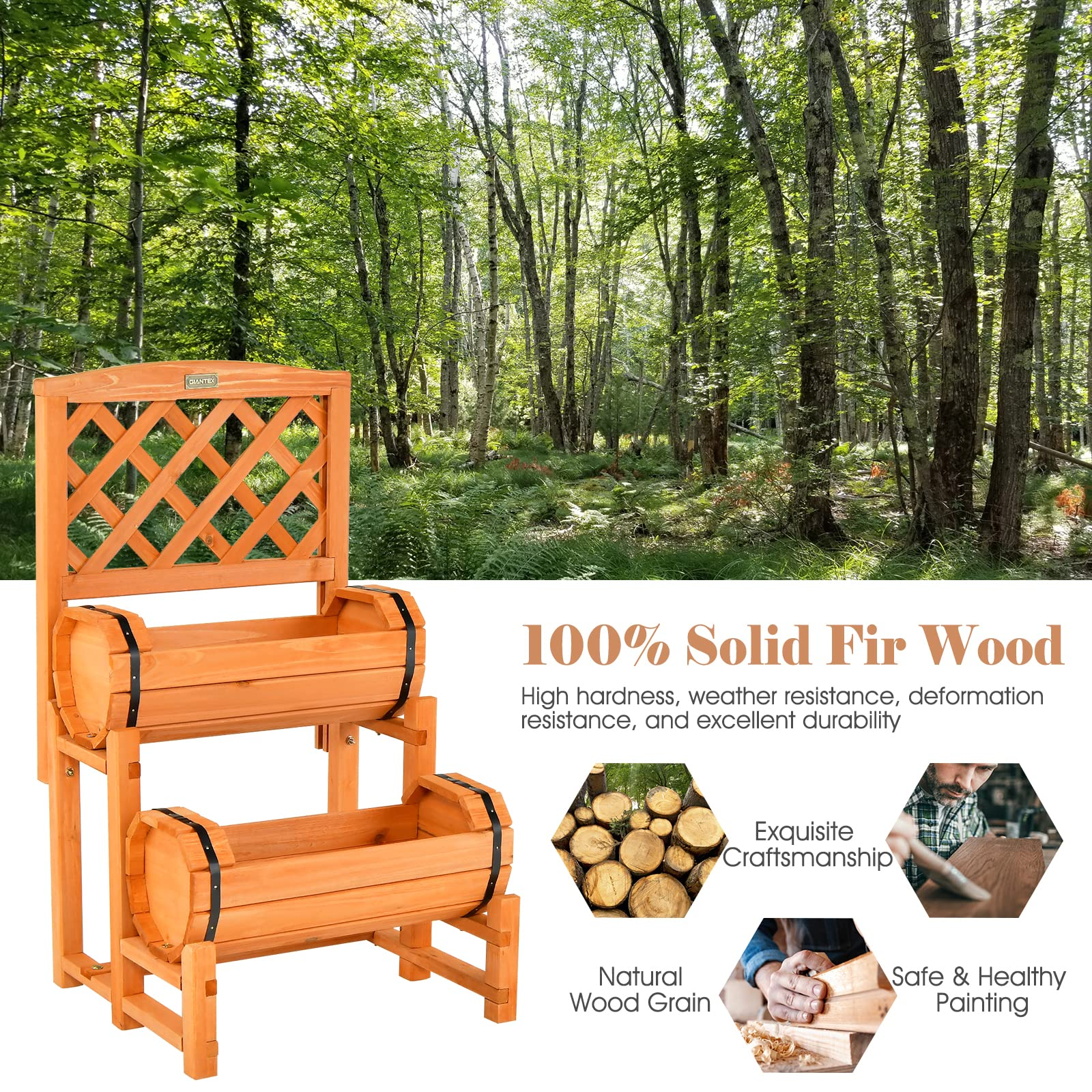 Giantex Raised Garden Bed with 2 Barrel Planters & Trellis, 2-Tier Freestanding Wooden Raised Bed for Vegetable Flower Fruit