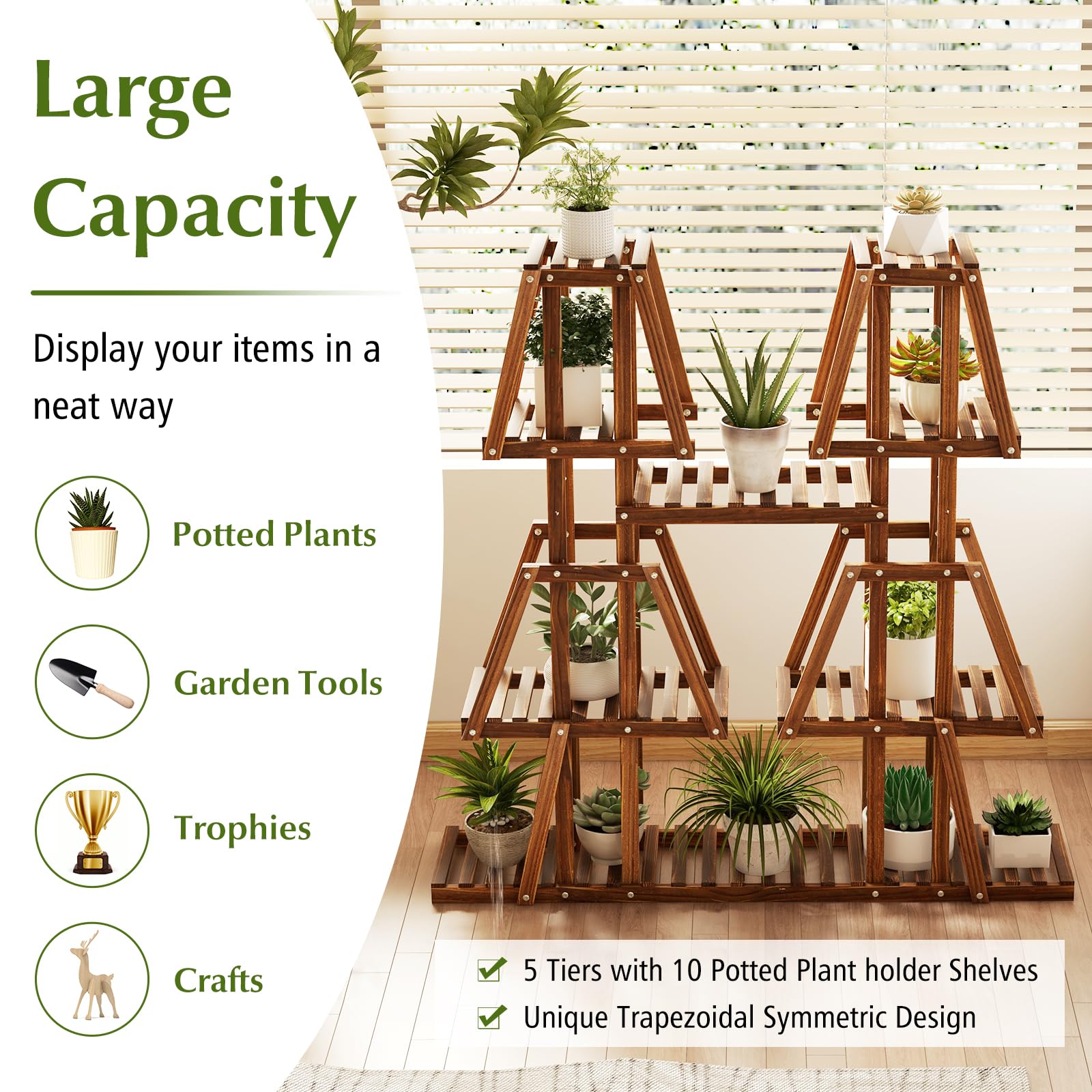 Giantex Wood Plant Stand, 5-Tier 10 Potted Trapezoid Plant Holder Rack for Multiple Plants