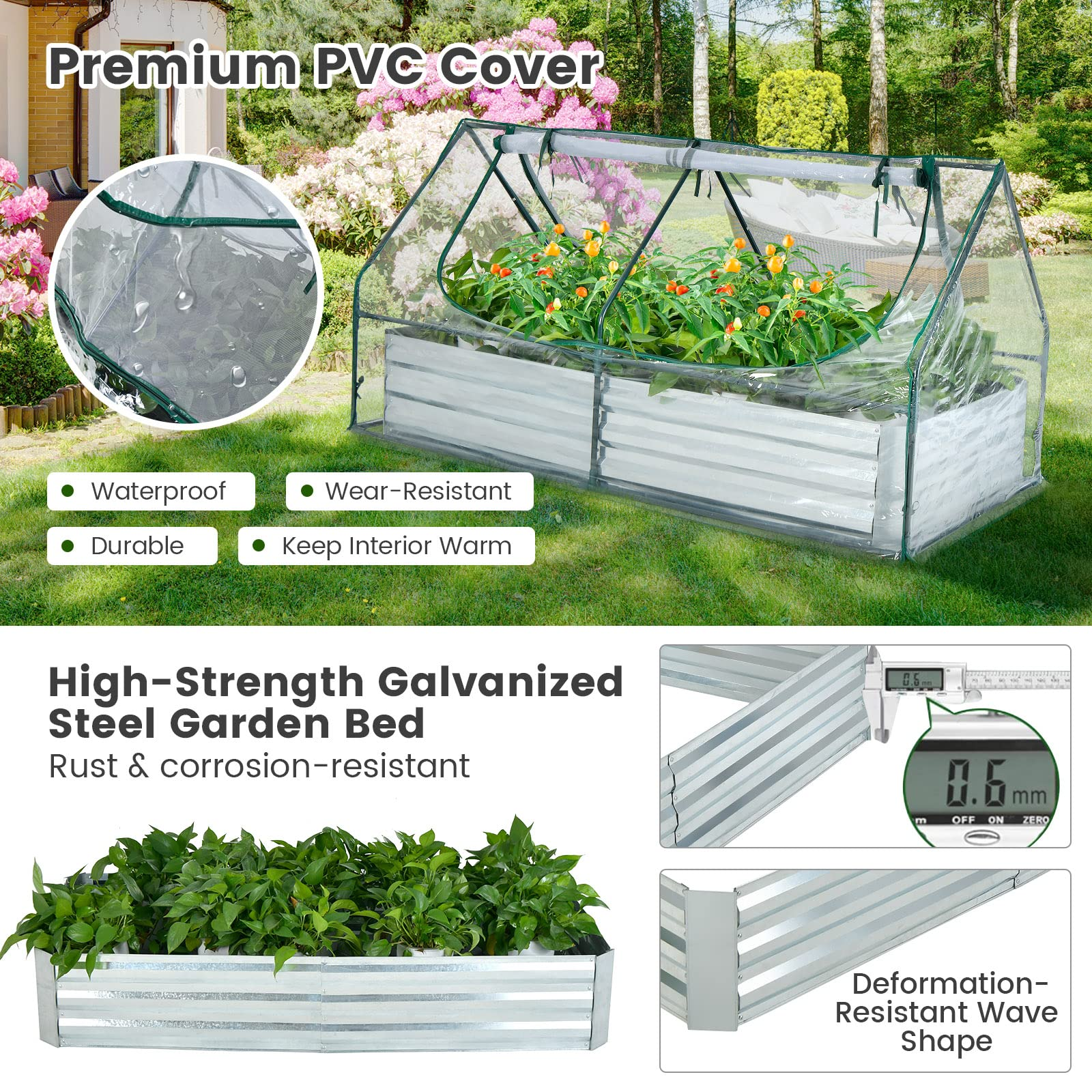 Giantex Galvanized Steel Raised Garden Bed with Mini Greenhouse, Outdoor Metal Planter Box Kit with Large Roll-up PVC Cover