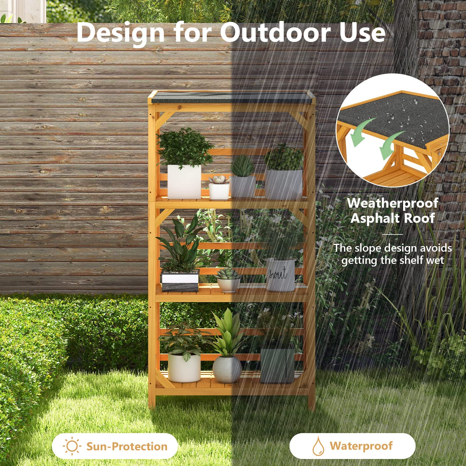 Giantex Plant Stand with Roof - 54'' Outdoor Storage Shelves, 3-Tier Wooden Plant Rack with Weatherproof Asphalt Roof