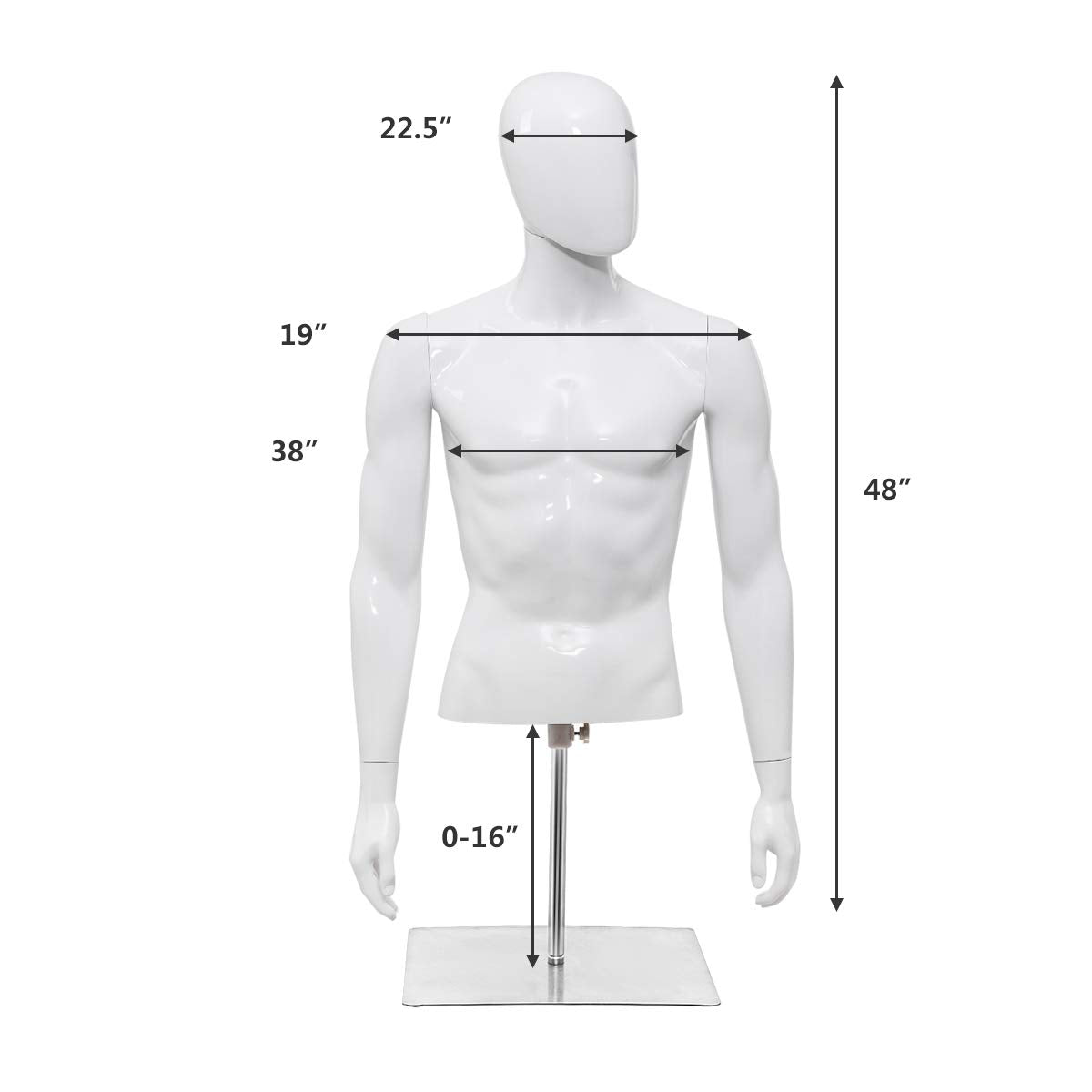 Giantex Male Mannequin Torso Adjustable Height Detachable Arms Dress Form Display w/Metal Stand, Bright White