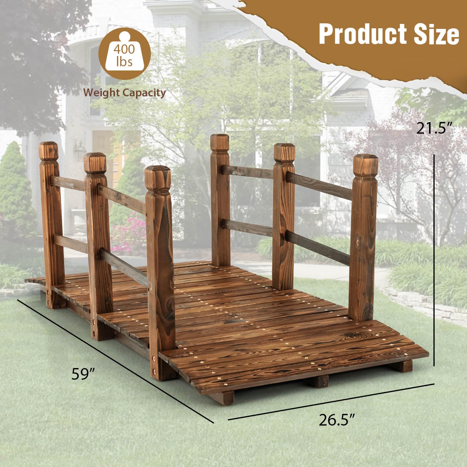 Giantex 5 ft Garden Bridge - Stained Wood Arc Footbridge Walkway