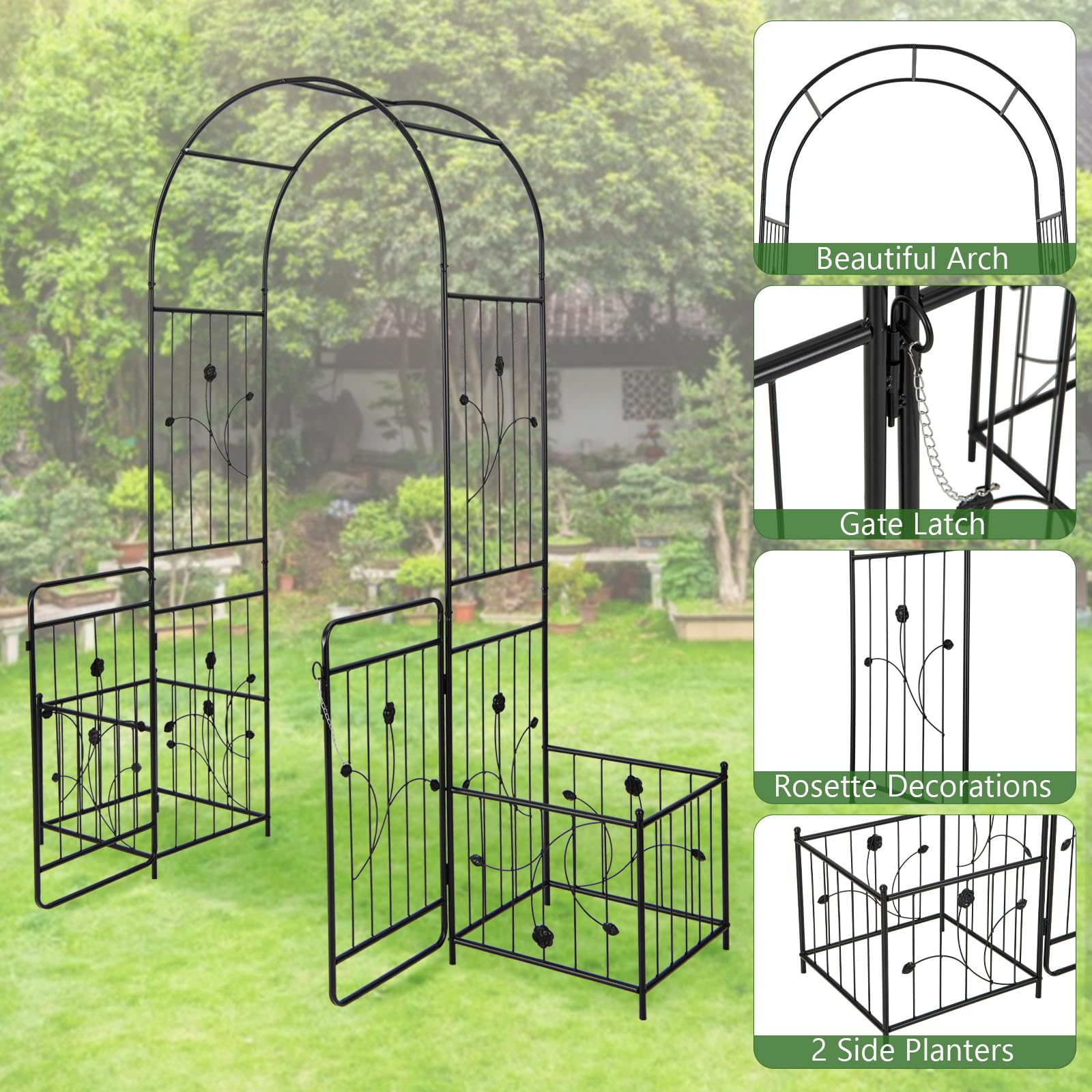 Giantex Garden Arch with Planter - 87 inch Metal Garden Arbor with Gate