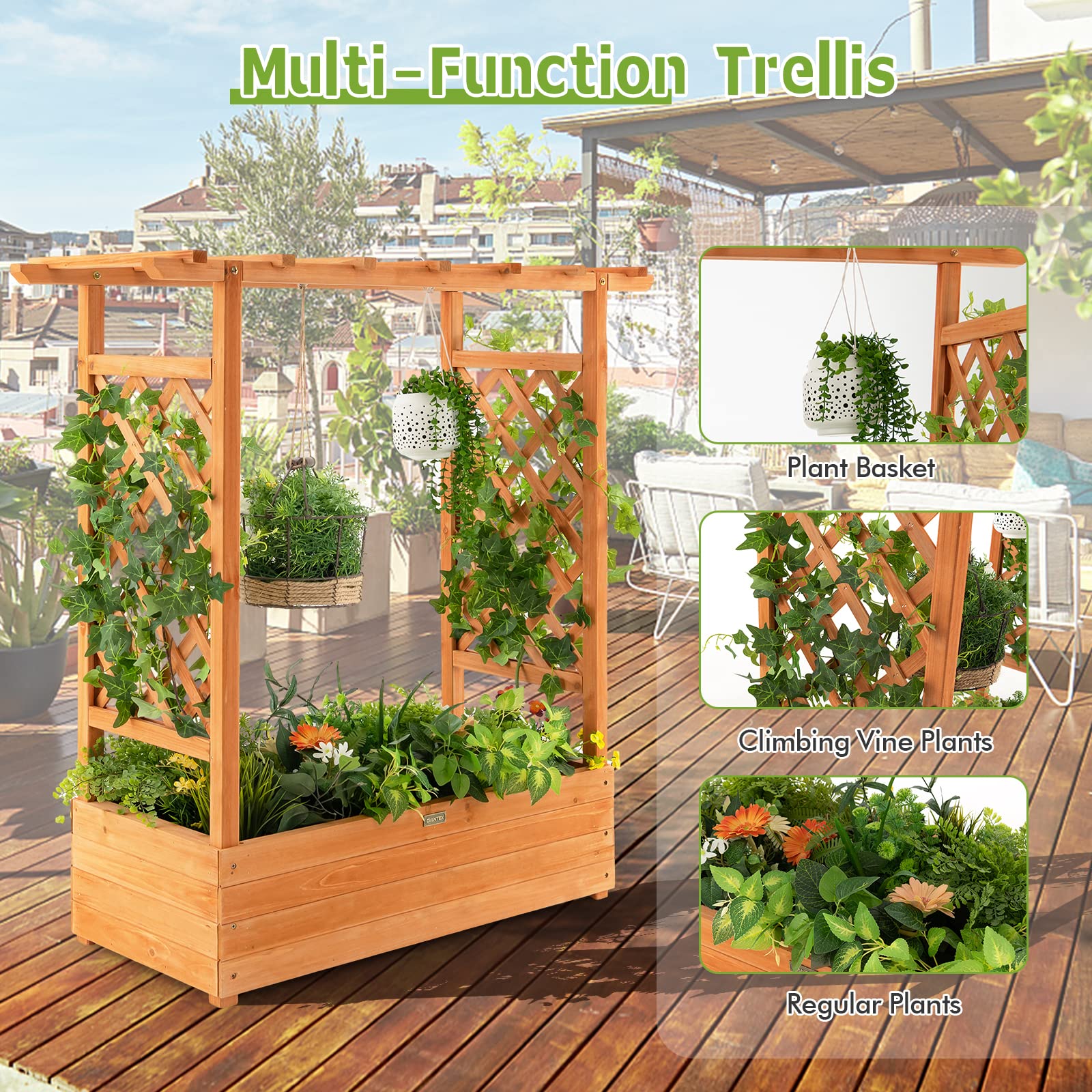 Giantex Raised Garden Bed with Trellis, Wood Planter Box with Roof & Side Trellis, Drain Holes