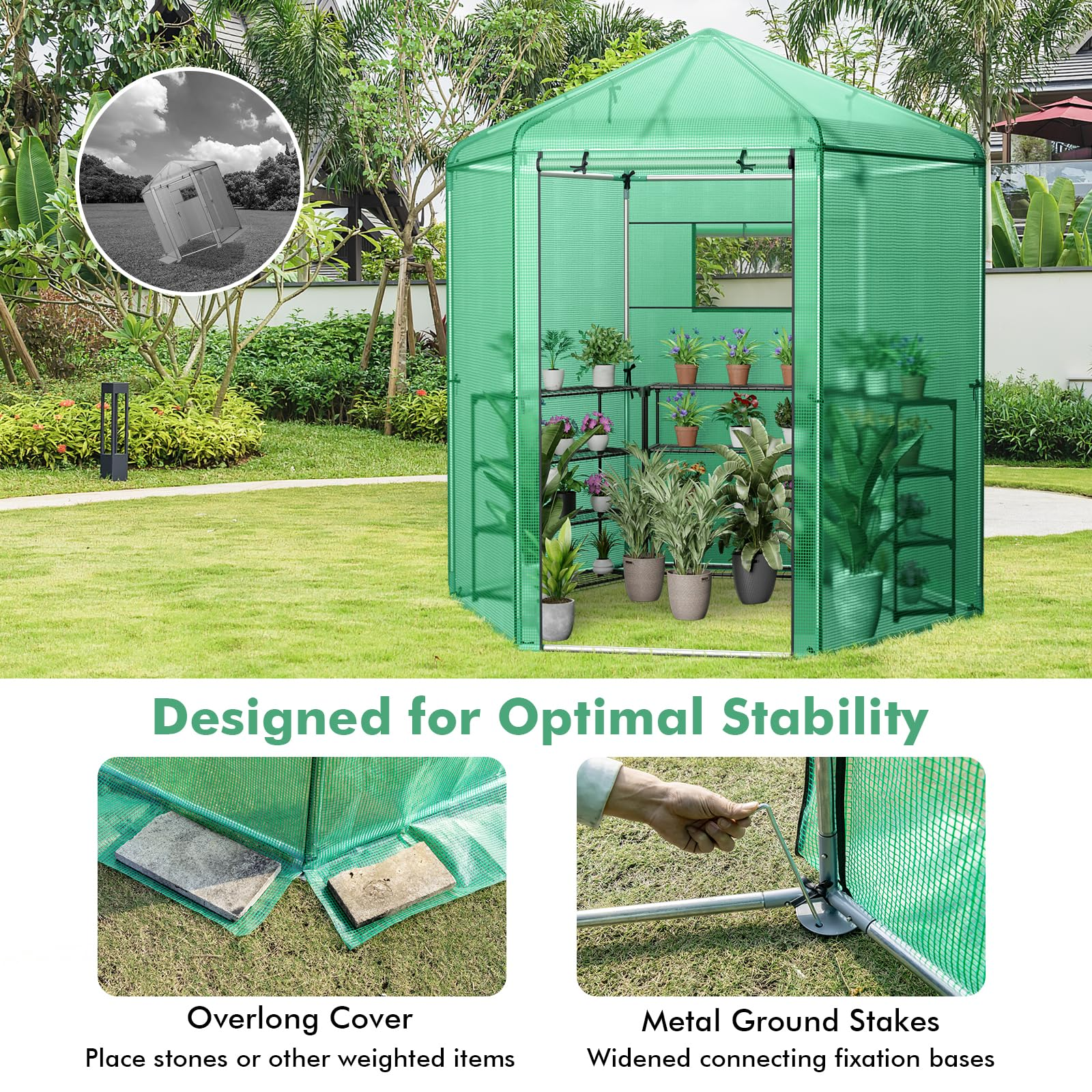 Giantex 7 x 6 x 7.5 FT Greenhouse, Large Hexagonal Walk in Greenhouse Outdoor with Heavy-Duty Metal Frame