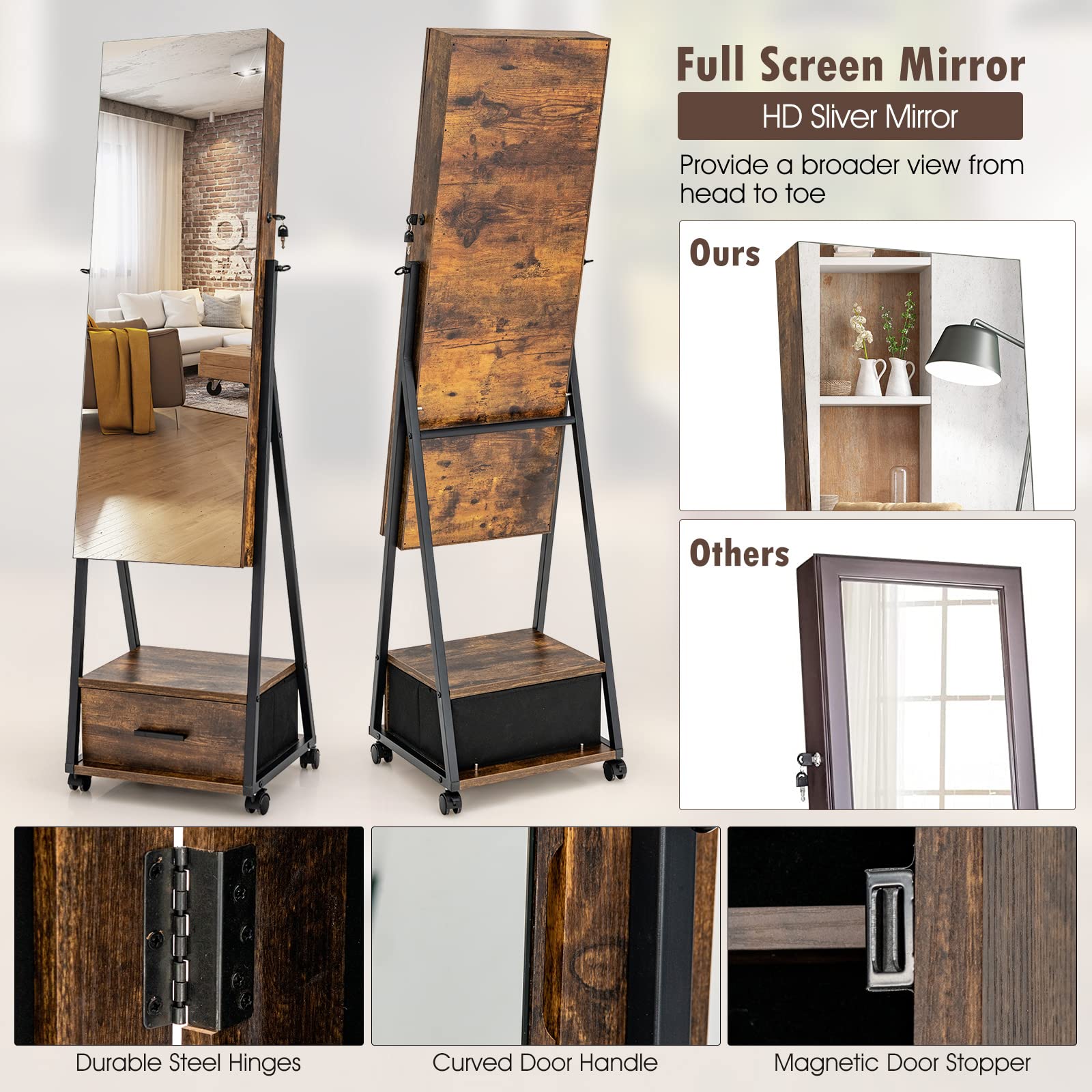 CHARMAID Rolling Jewelry Cabinet with Full Length Mirror, Lockable Standing Jewelry Armoire with Wheels