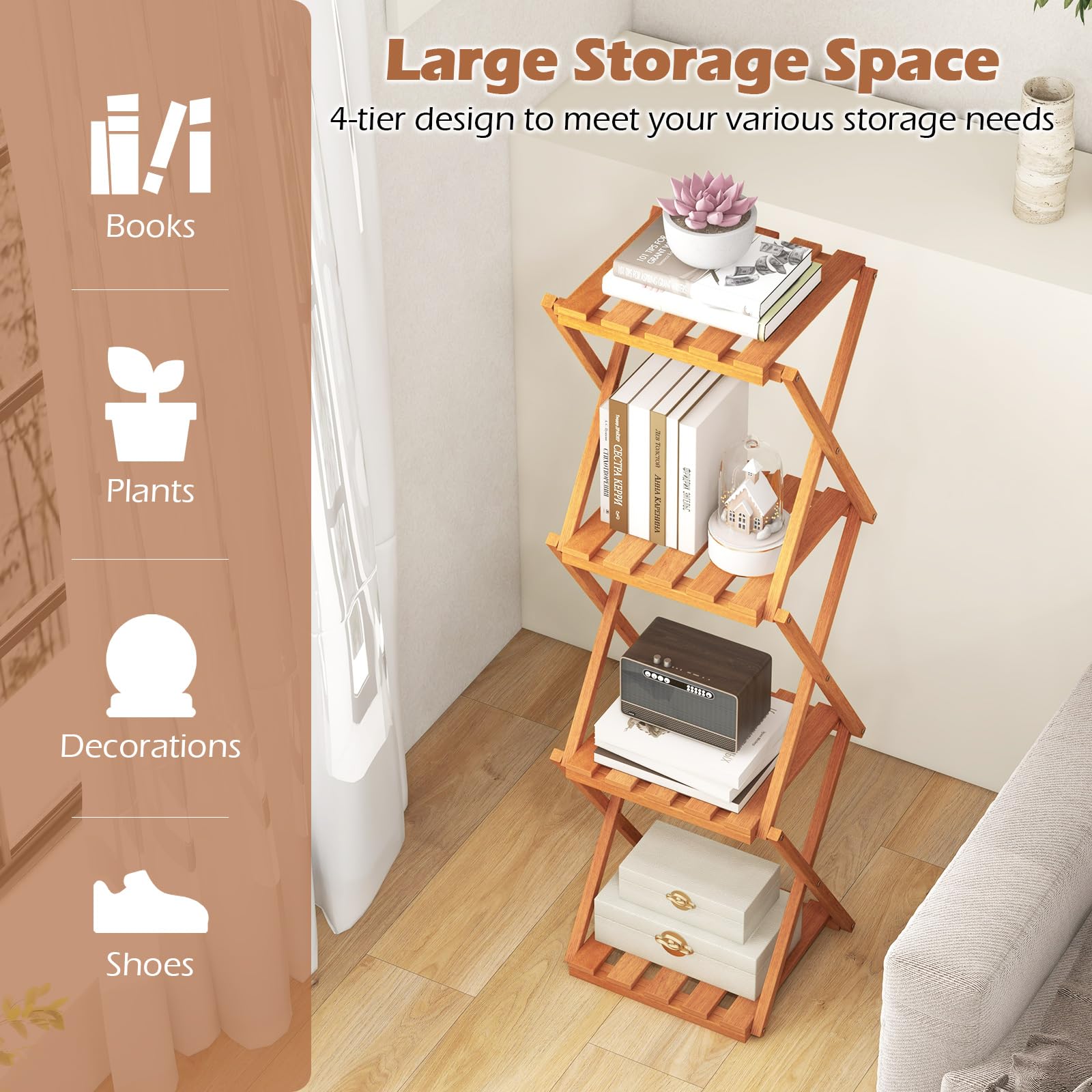 Giantex 4-Tier Foldable Plant Stand, Wooden Folding Display Rack with Sturdy X-shaped Structure