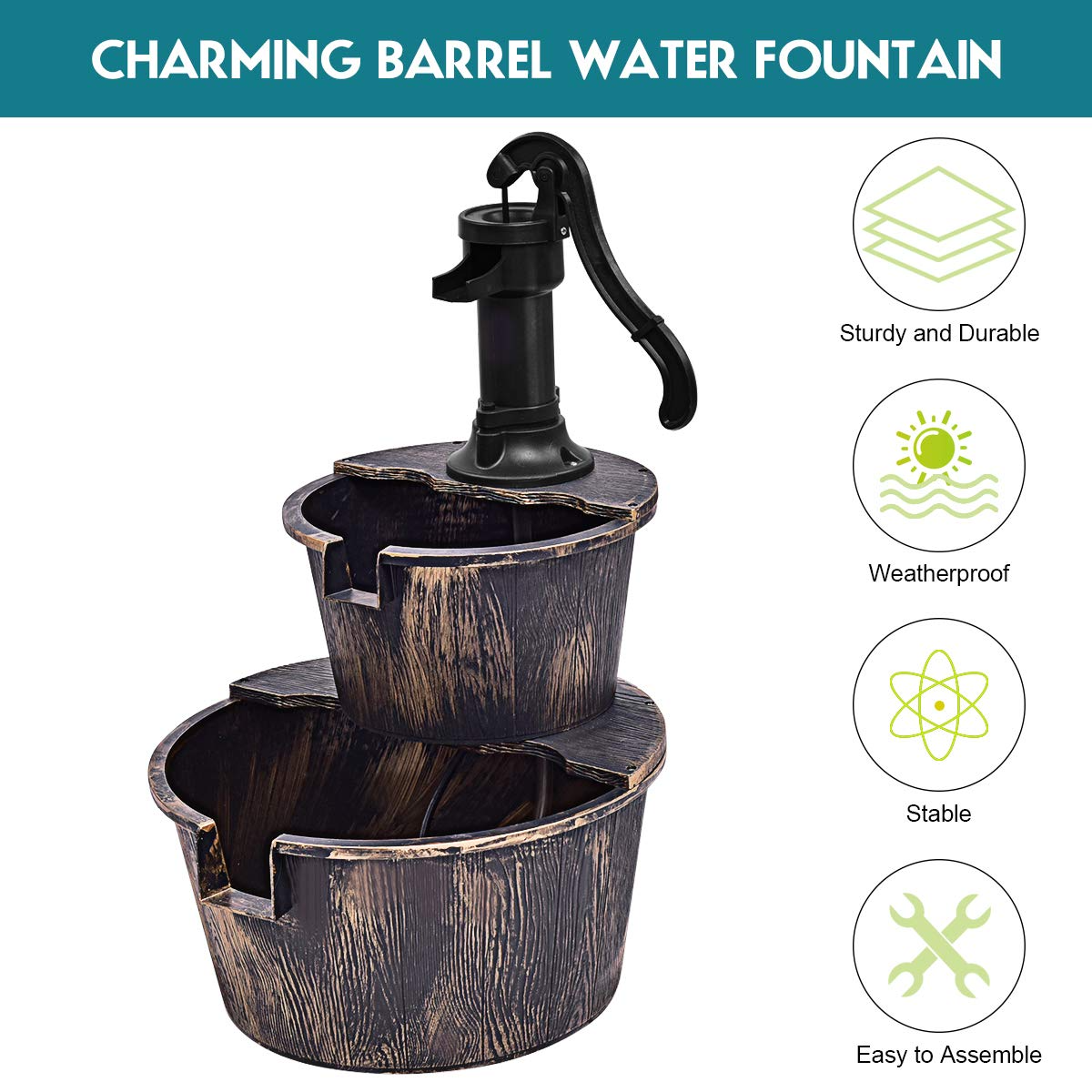 Giantex 2-Tier Rustic Barrel Waterfall Fountain with Pump