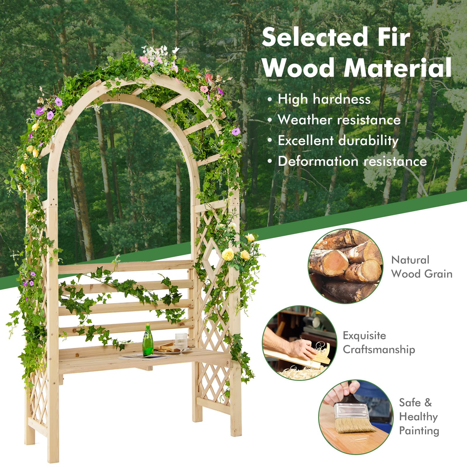 Giantex 81in Garden Arch with 2-Person Bench, Wooden Garden Arbor Archway Trellis for Climbing Plants