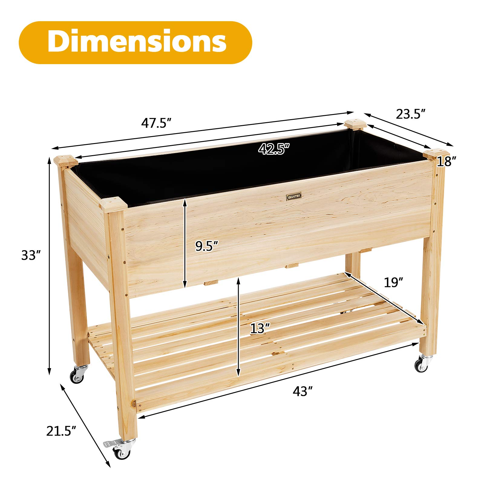 Raised Garden Bed on Wheels, 47.5" L X 23.5" W X 33" H