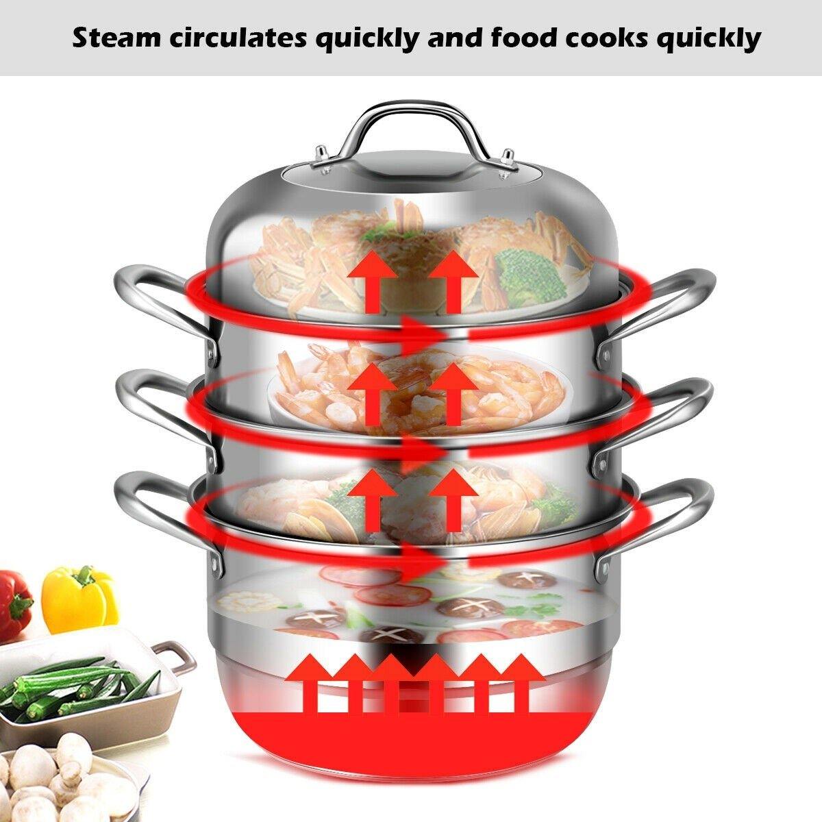 3-Layer Stainless Steel Steamer Pot for Cooking Soup and Steaming Food (Silver)