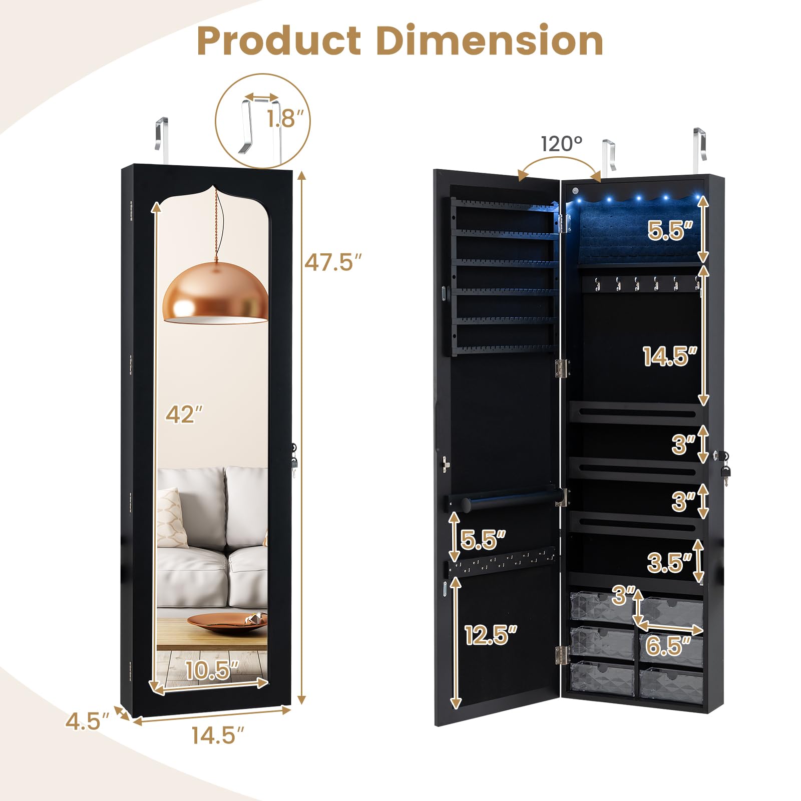 CHARMAID Jewelry Cabinet Armoire, Wall Mount Door Hanging, Lockable Jewelry Organizer with 47.5'' Full Length Mirror