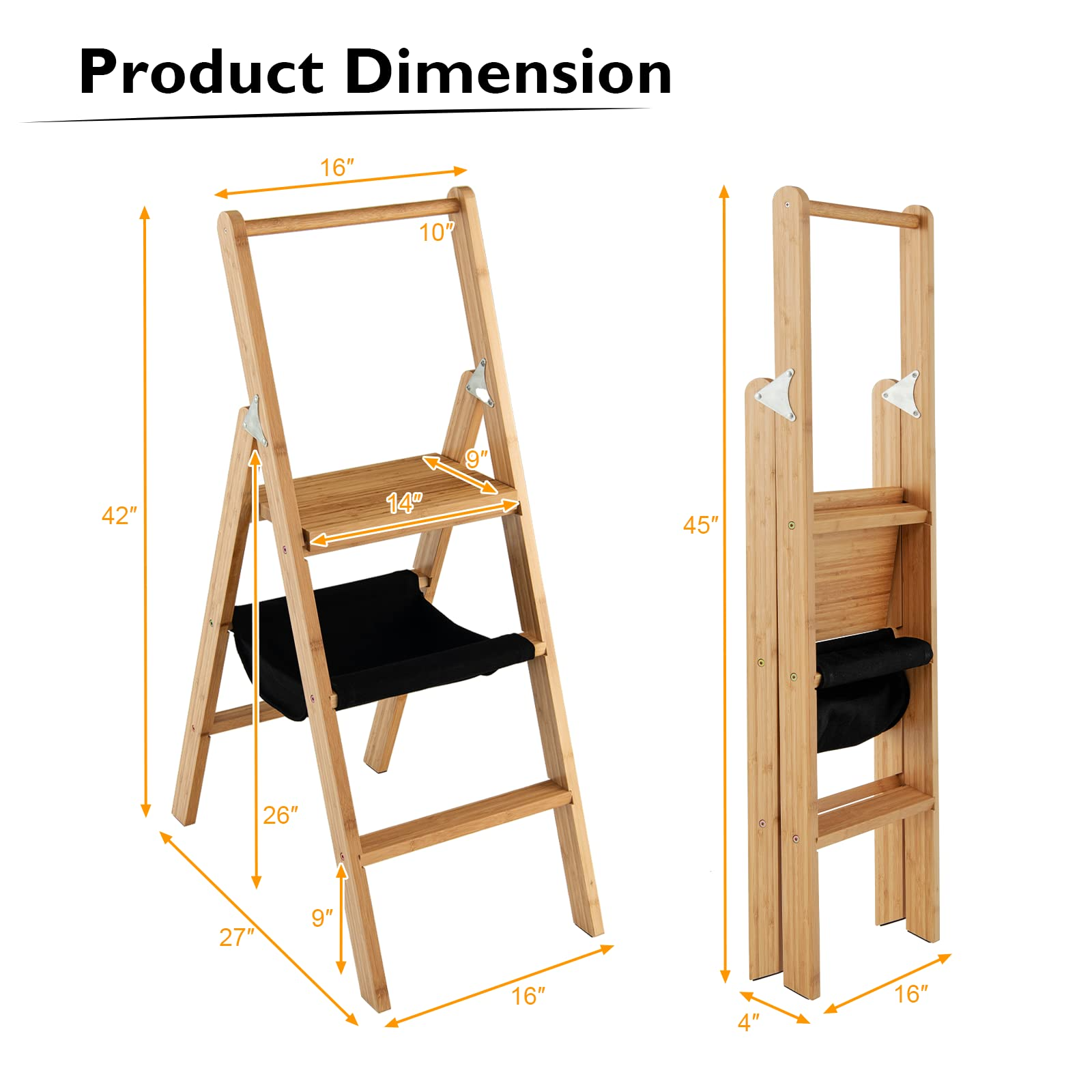 100% Bamboo Folding Step Stool with Handrail | 3 Step Ladder