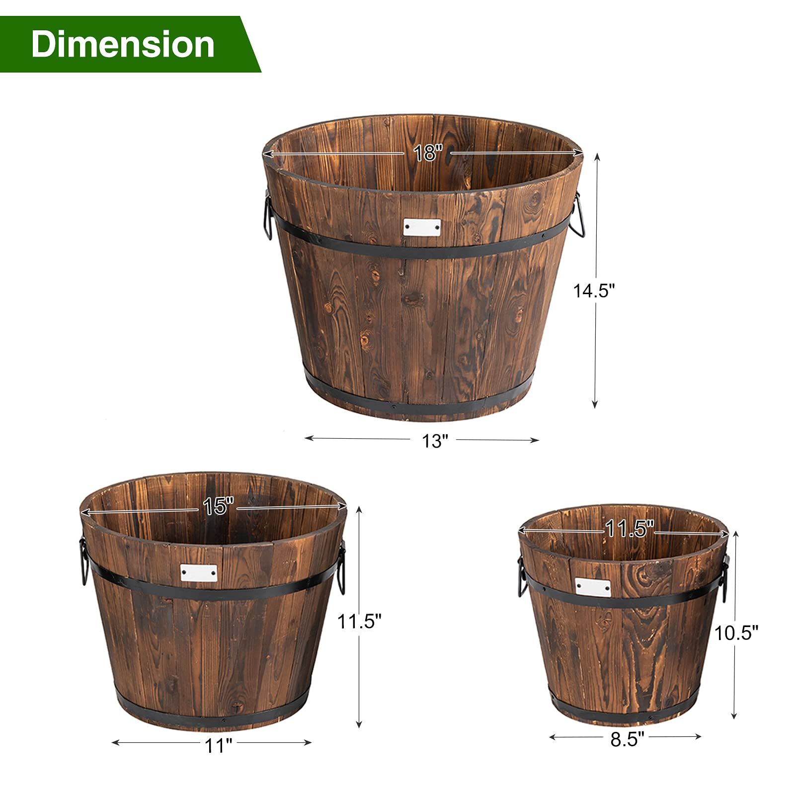 3 Pieces Wood Bucket Raised Beds for Plants Herbs Veggies